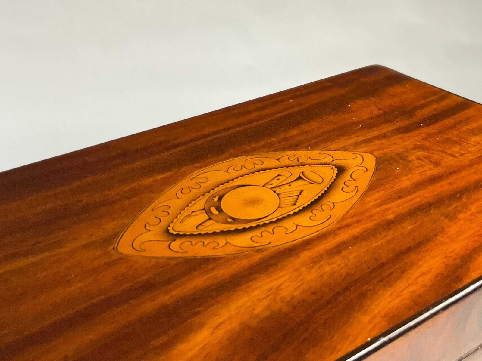 photo for sale Antique Victorian Marquetry Musical Box, Inlaid Flute And Lute.