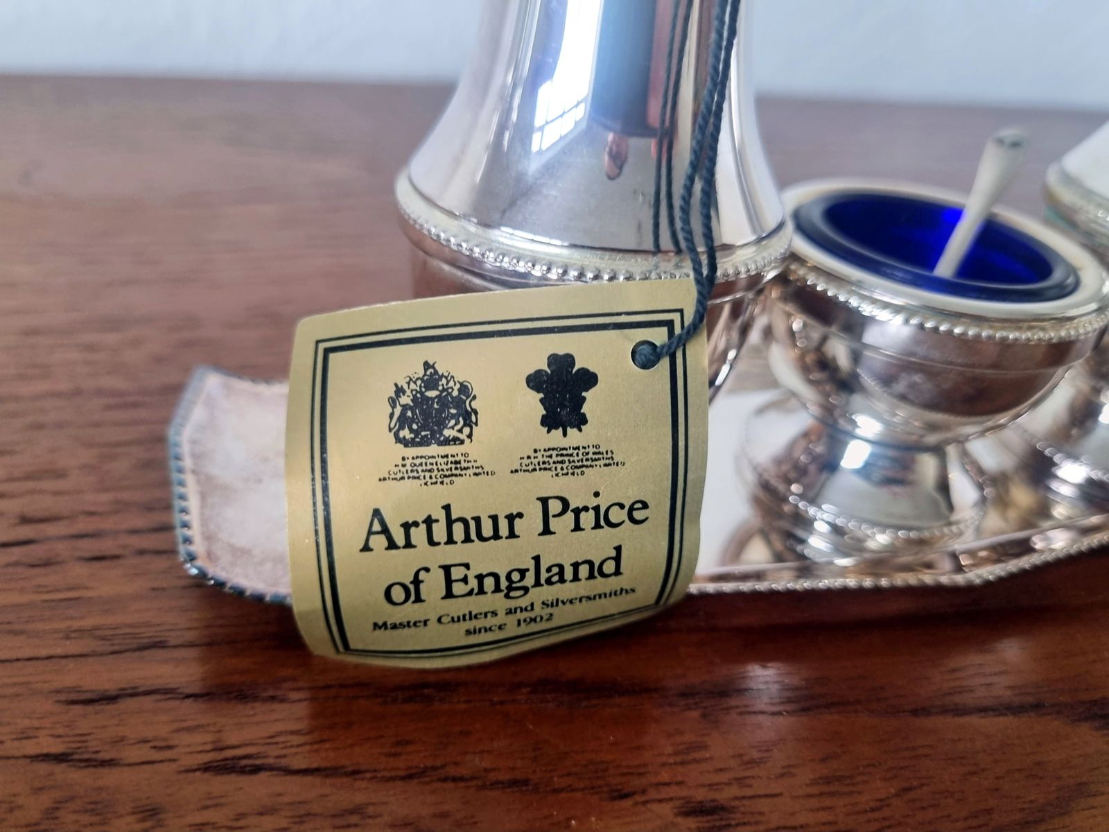 Cruet Condiment Set, Arthur Price England Silver Plate, Salt Pepper Mustard With Blue Glass Liner photo furniture