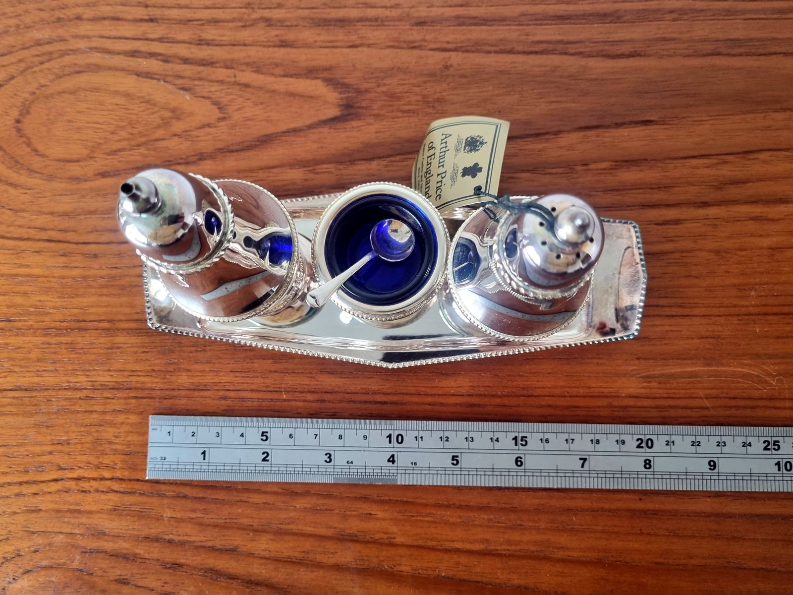 Cruet Condiment Set, Arthur Price England Silver Plate, Salt Pepper Mustard With Blue Glass Liner photo Home Decor