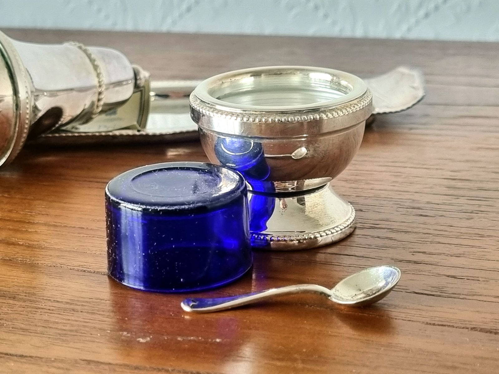 photo for sale Cruet Condiment Set, Arthur Price England Silver Plate, Salt Pepper Mustard With Blue Glass Liner
