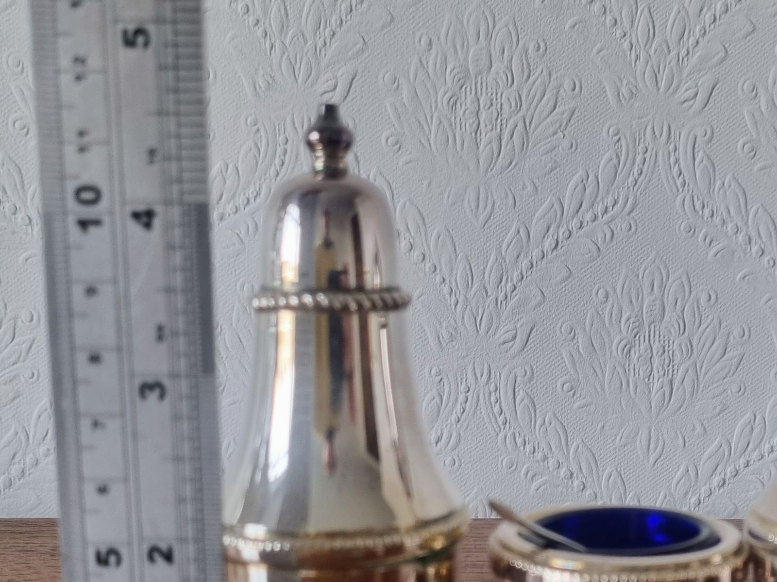 Home Decor Cruet Condiment Set, Arthur Price England Silver Plate, Salt Pepper Mustard With Blue Glass Liner photo