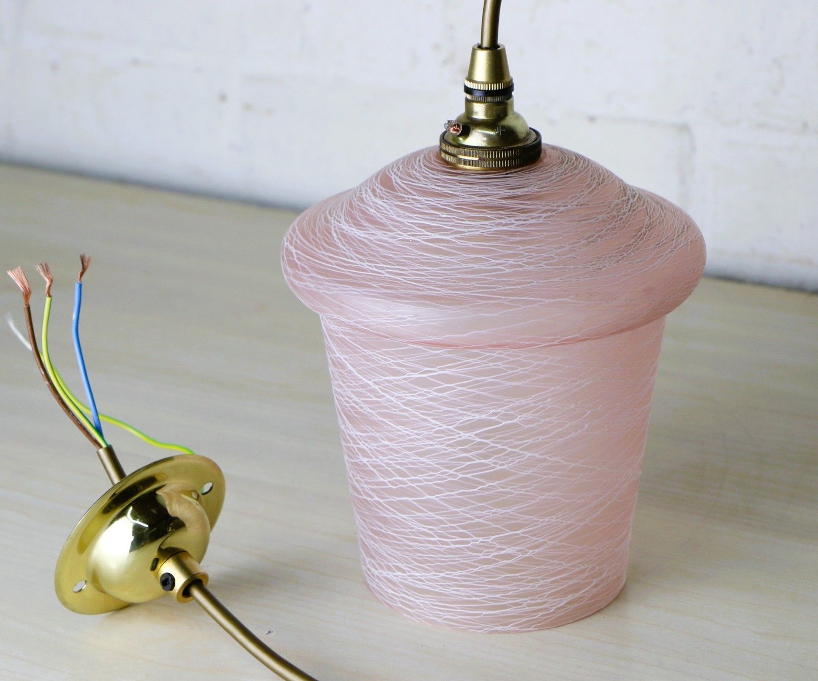 Ceiling Light 1950's Mcm Pink Glass Lampshade Pendant White Spun Glass Overlay photo Lighting
