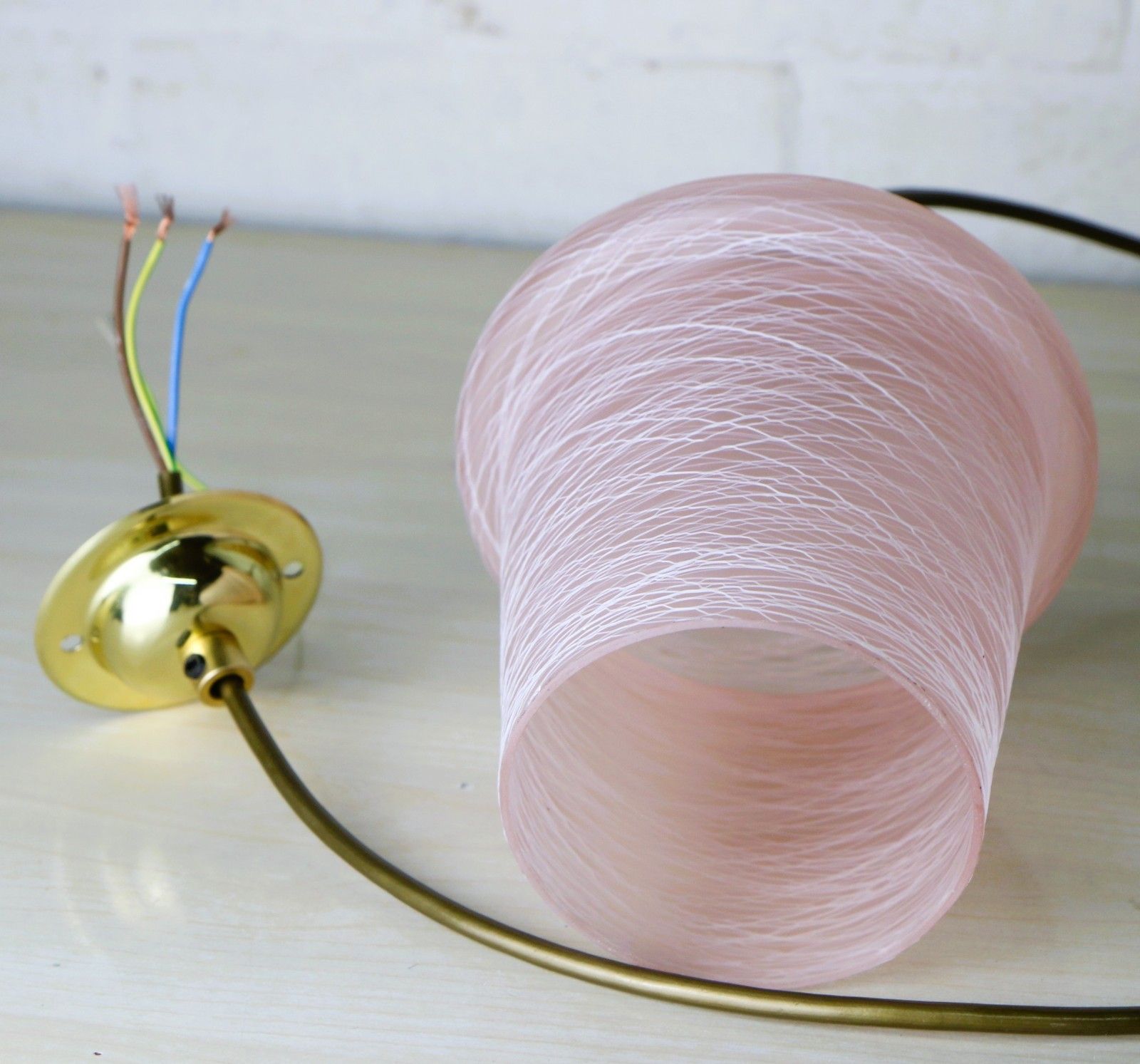photo furniture Ceiling Light 1950's Mcm Pink Glass Lampshade Pendant White Spun Glass Overlay