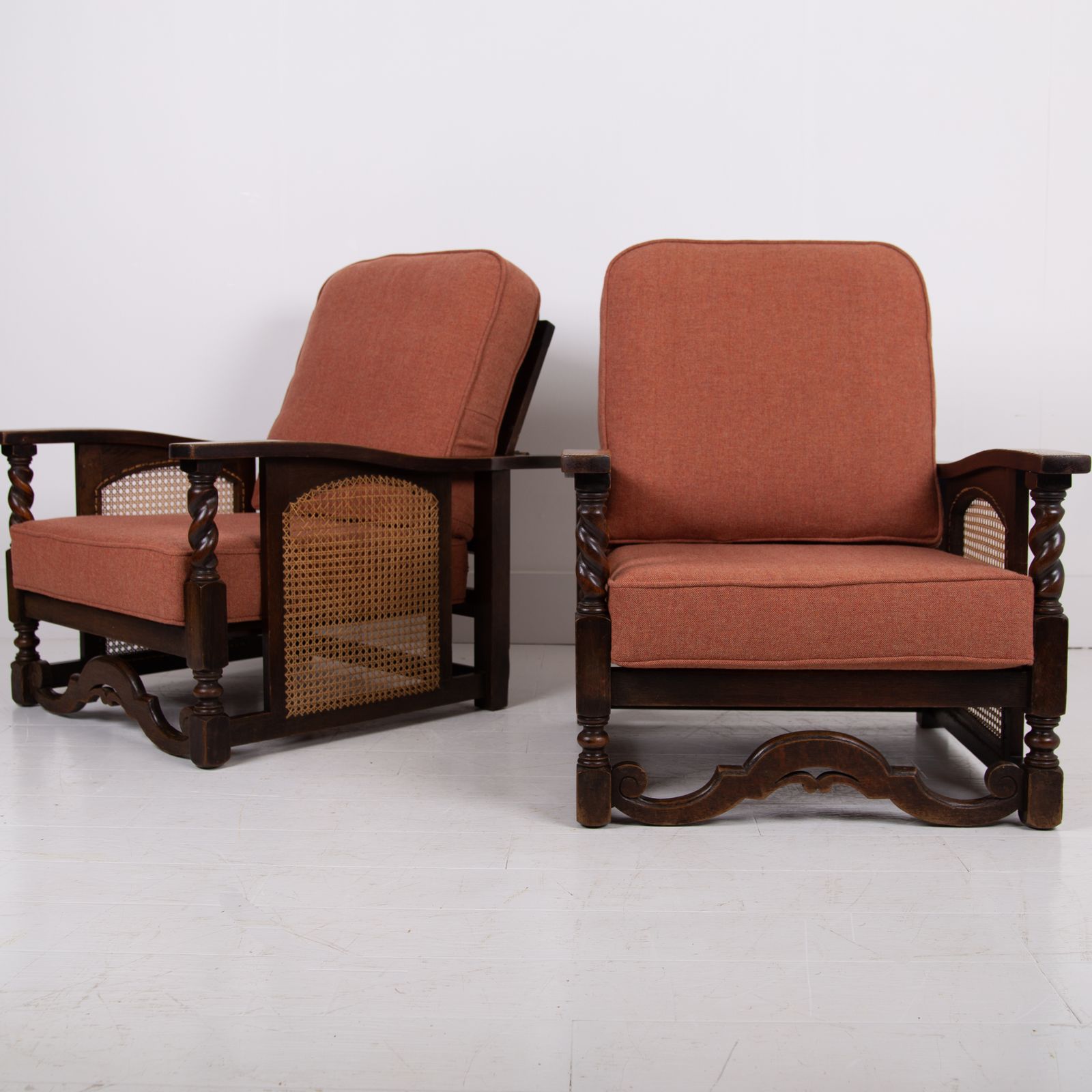 Antique Pair Of Oak Framed Armchairs New Cushions C1920