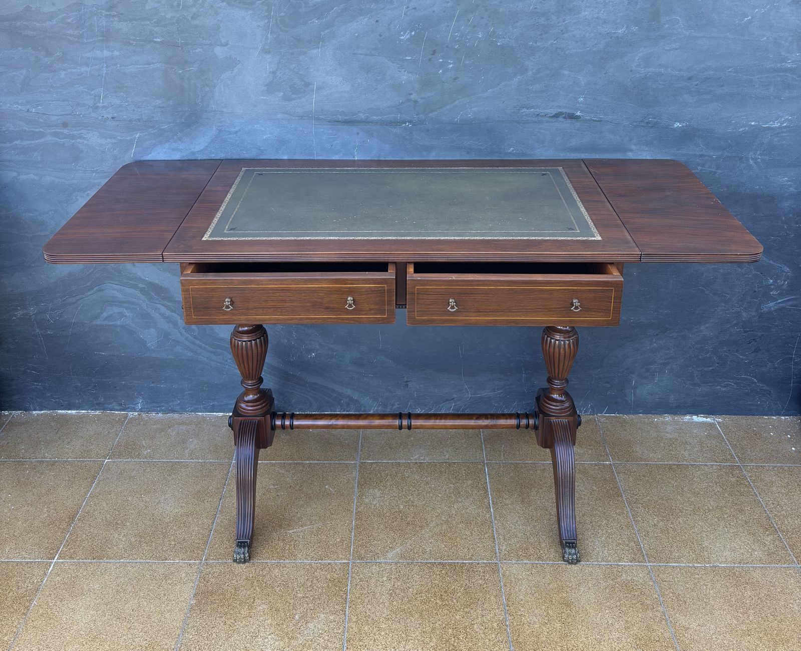 photo furniture Spanish Regency Revival Drop Leaf Writing Table With Leather Top, 1940s