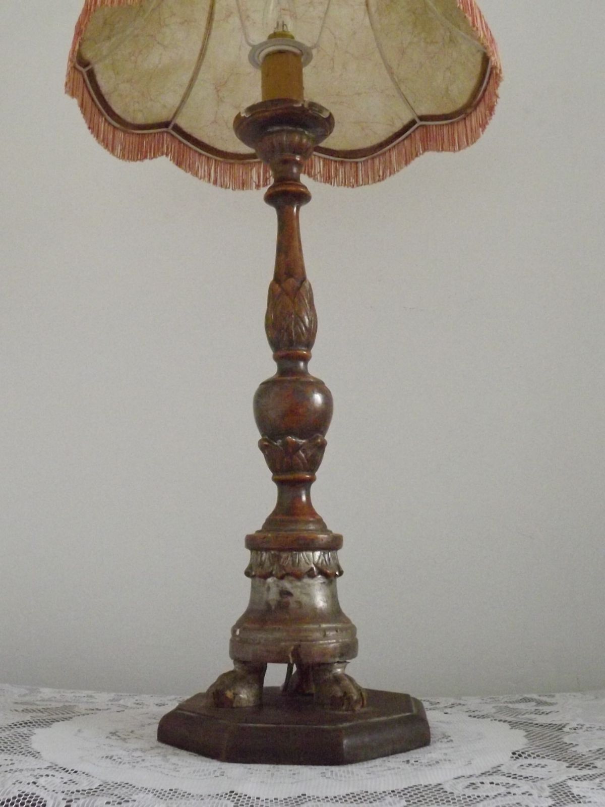 photo for sale 18th Century Church Altar Candlestick Converted To Table Lamp Hide Skin Shade