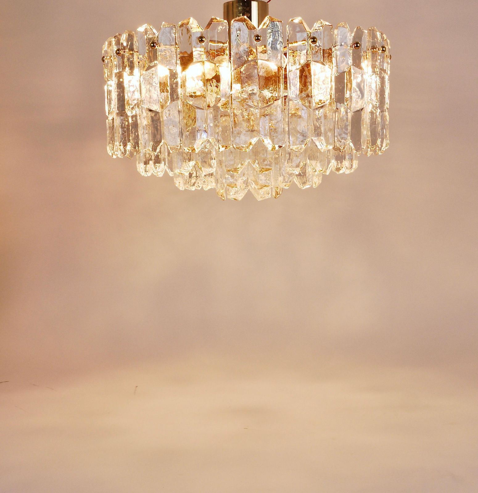 Huge J.T. Kalmar Palazzo Gilt Brass & Glass Chandelier Flush Mount, 1950s photo vintage