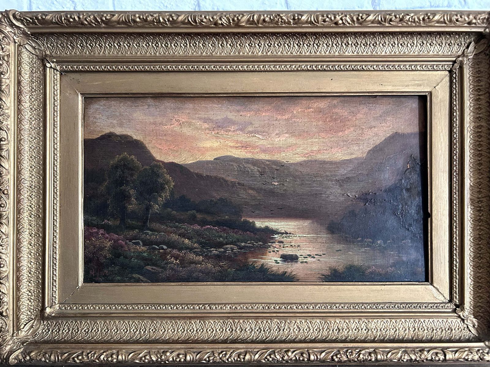 Victorian Antique Scottish Highland Loch Oil Painting On Canvas photo for sale