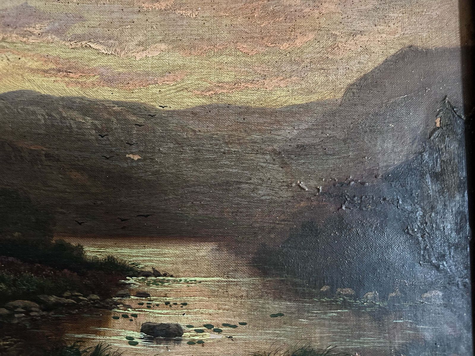 Victorian Antique Scottish Highland Loch Oil Painting On Canvas photo vintage