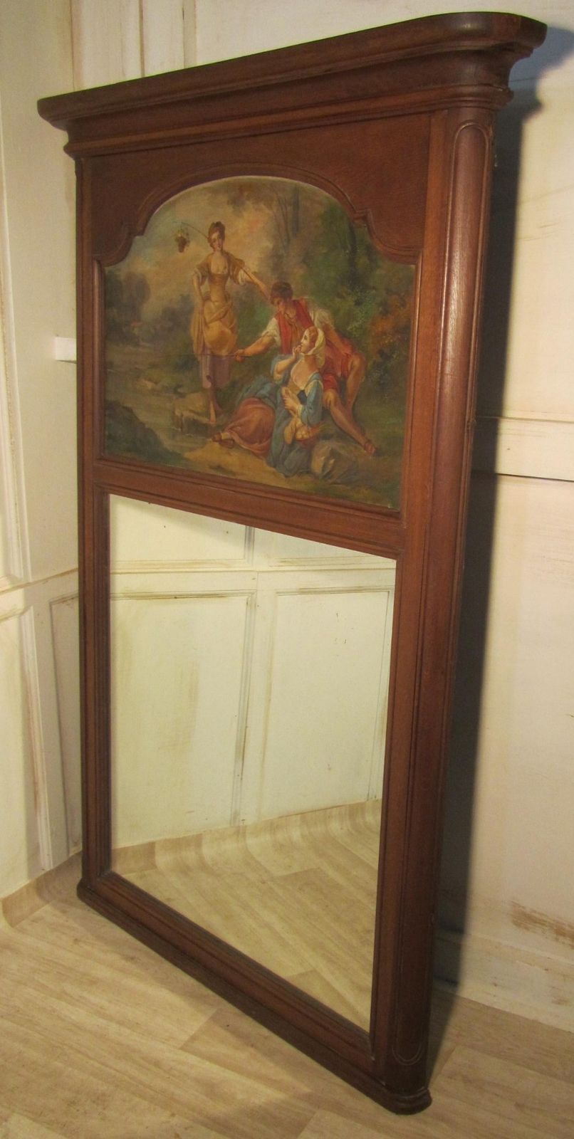 A Large 19th Century French Oak Trumeau Mirror, Oil On Canvas photo for sale