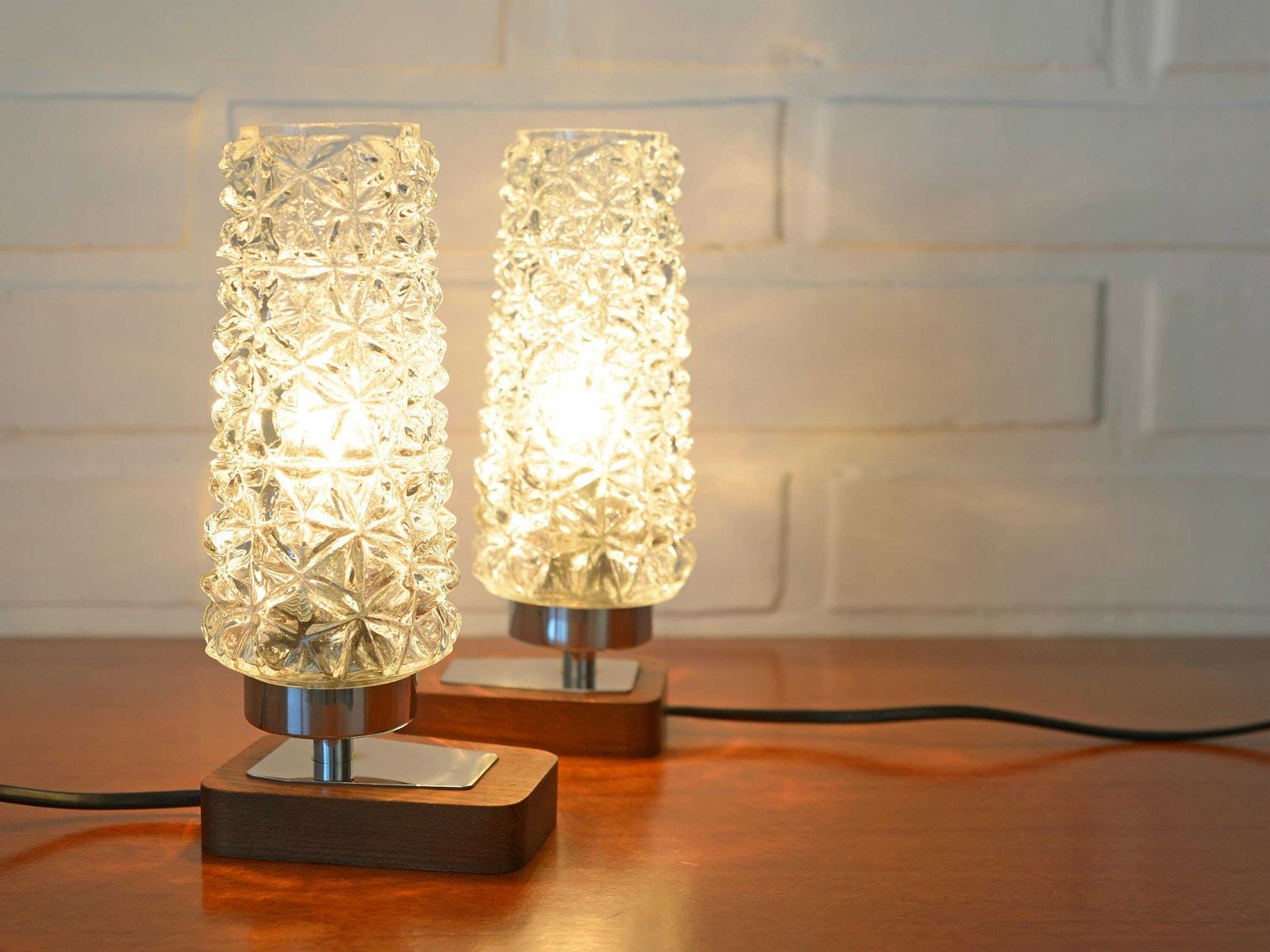 Pair Of Vintage Bedside Lamps / Nightstand Teak Wood Mcm Desk Lighting / Scandinavian Design