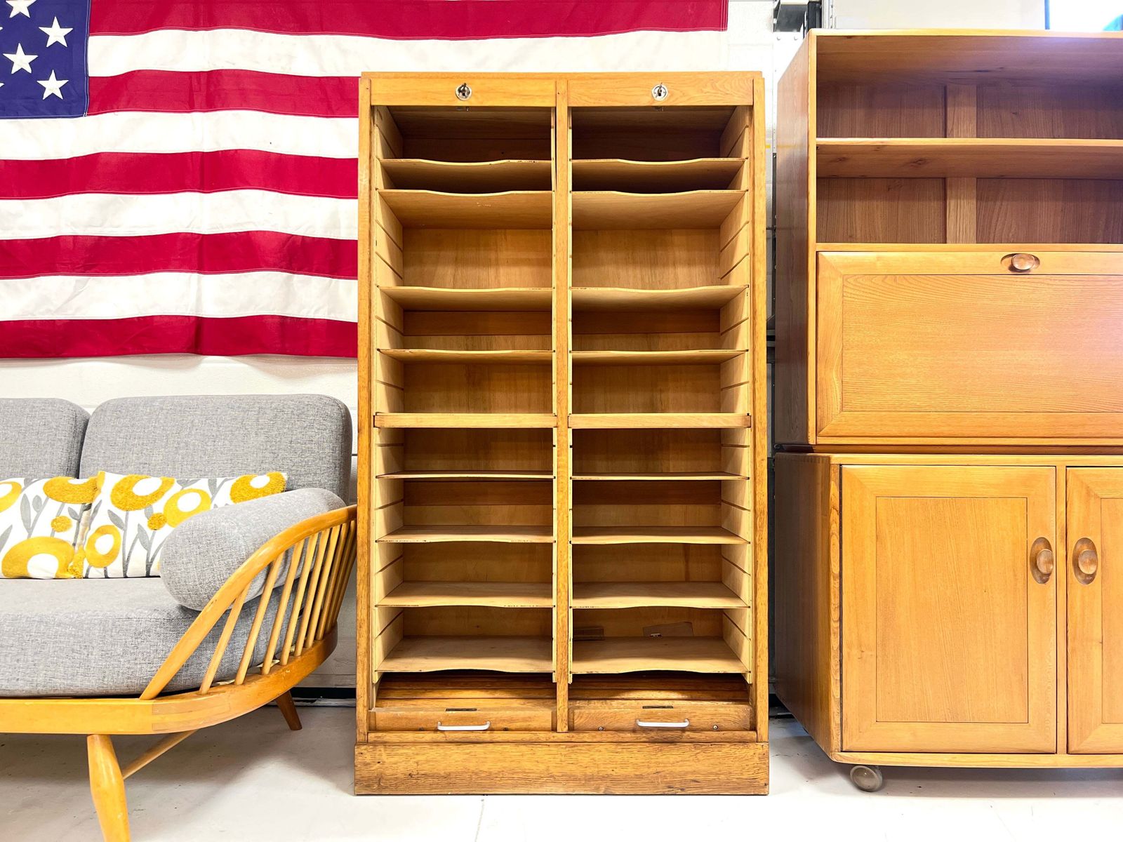 20th Century Oak Double Tambour Front Filing Cabinet photo furniture