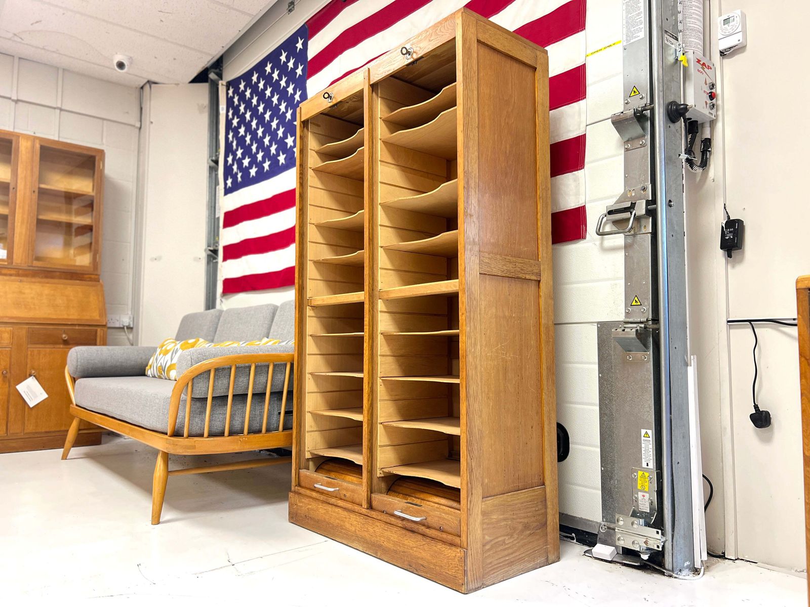 20th Century Oak Double Tambour Front Filing Cabinet photo for sale