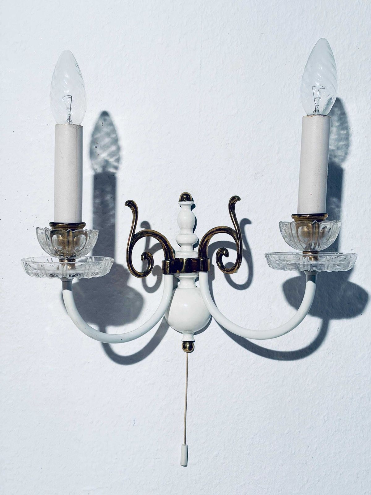 Two Vintage Wall Lamps With Candle Chandelier Motif Arms White Brass / Elegant Decor photo for sale