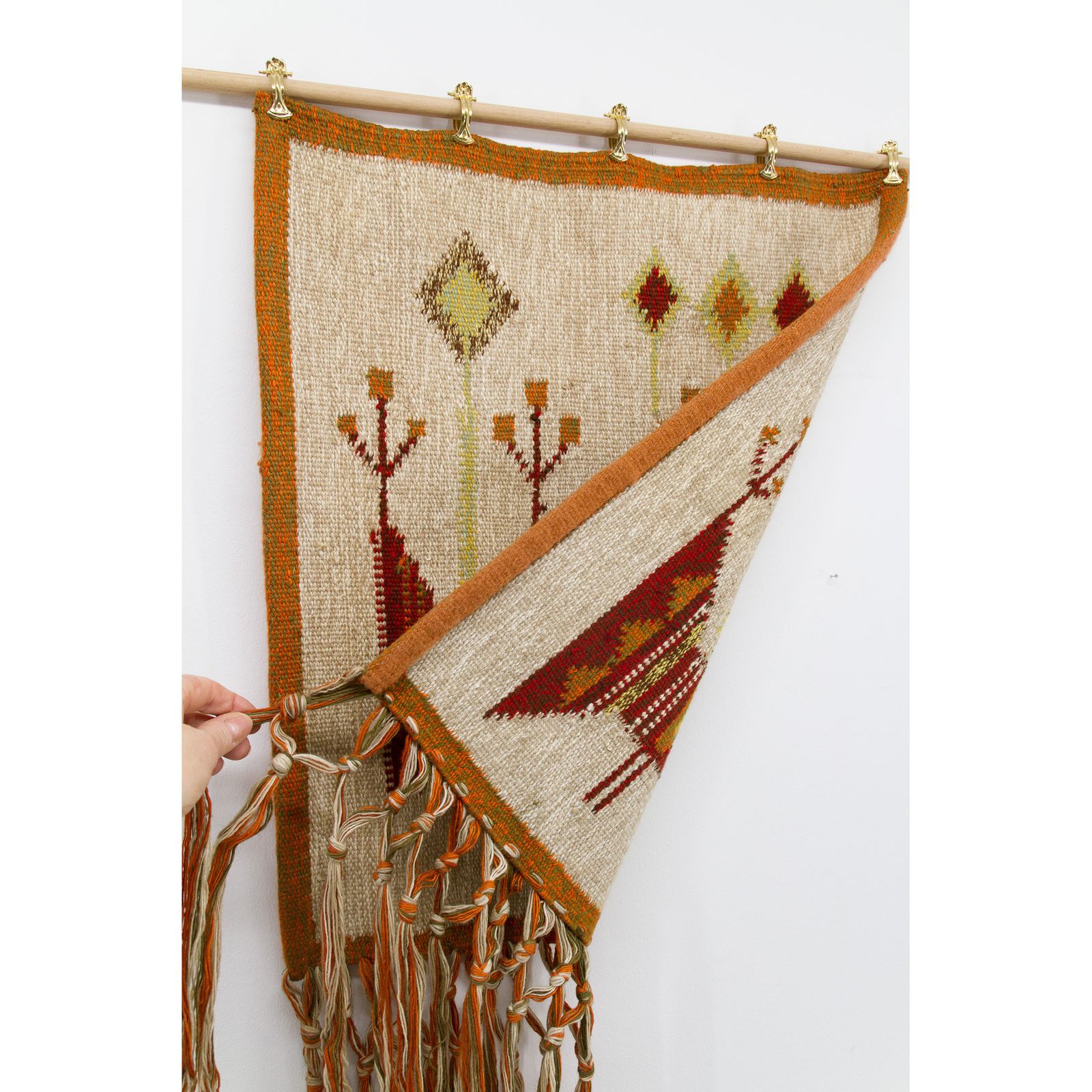 photo buy Mid Century 1970s Handwoven Wool Wall Hanging W Stylized Peacocks, By Eva Nemeth