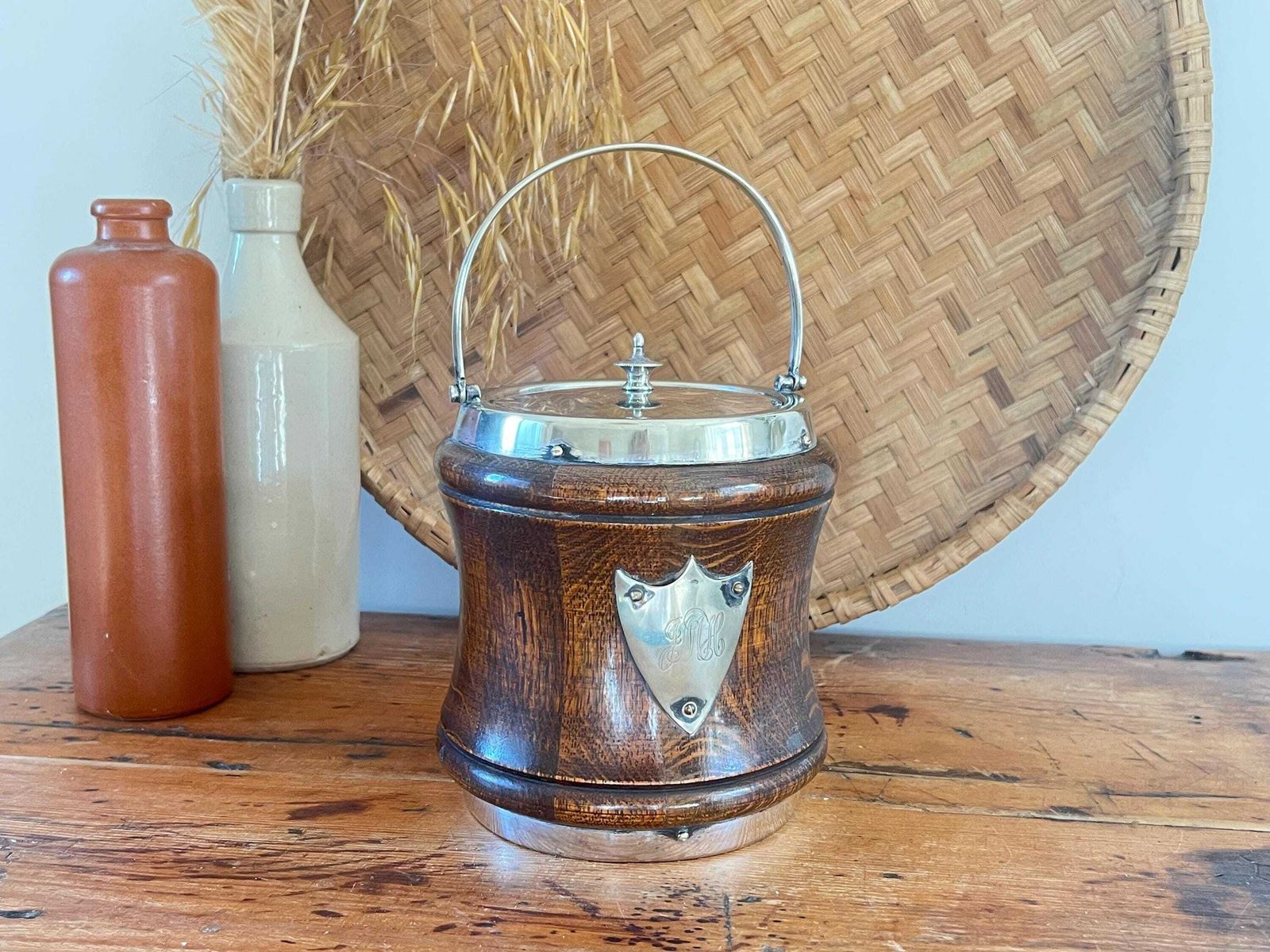 Rare Waisted Oak & Silver Plate Ice Bucket – Hourglass Biscuit Barrel – Antique English Treen – Monogrammed Silver Shield – Barware Decor photo for sale