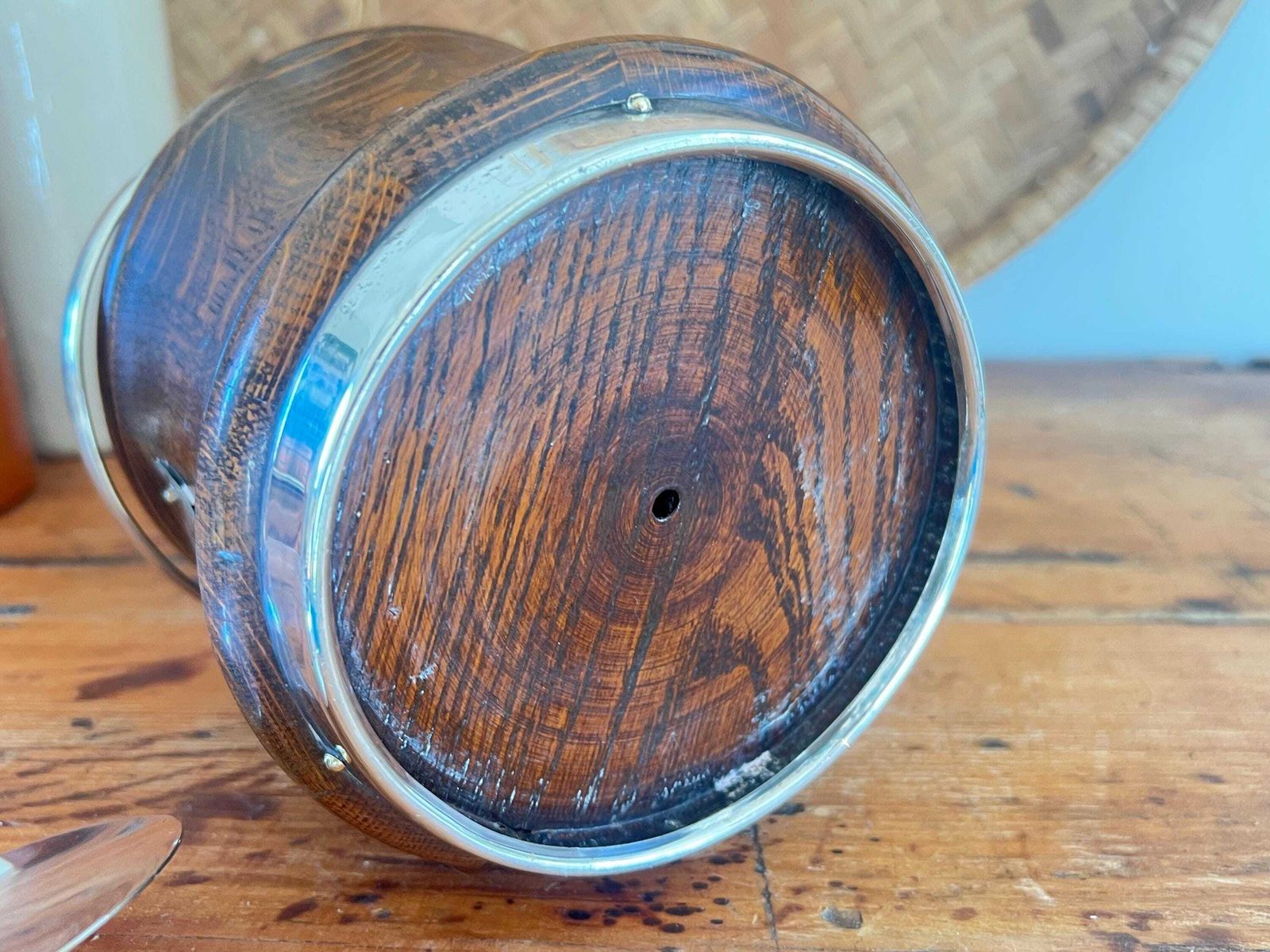 Home Decor Rare Waisted Oak & Silver Plate Ice Bucket – Hourglass Biscuit Barrel – Antique English Treen – Monogrammed Silver Shield – Barware Decor photo