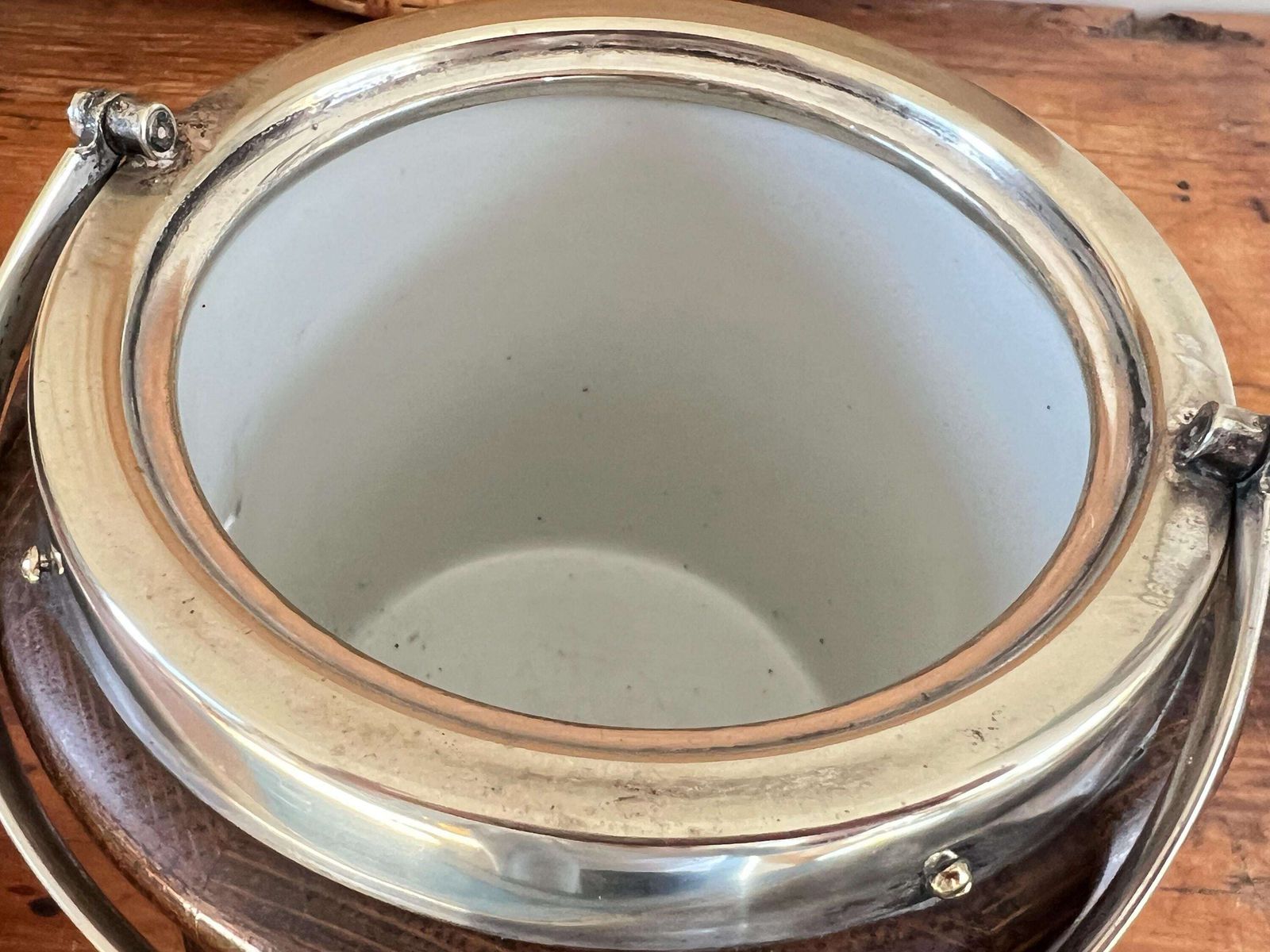 85.0 Rare Waisted Oak & Silver Plate Ice Bucket – Hourglass Biscuit Barrel – Antique English Treen – Monogrammed Silver Shield – Barware Decor photo