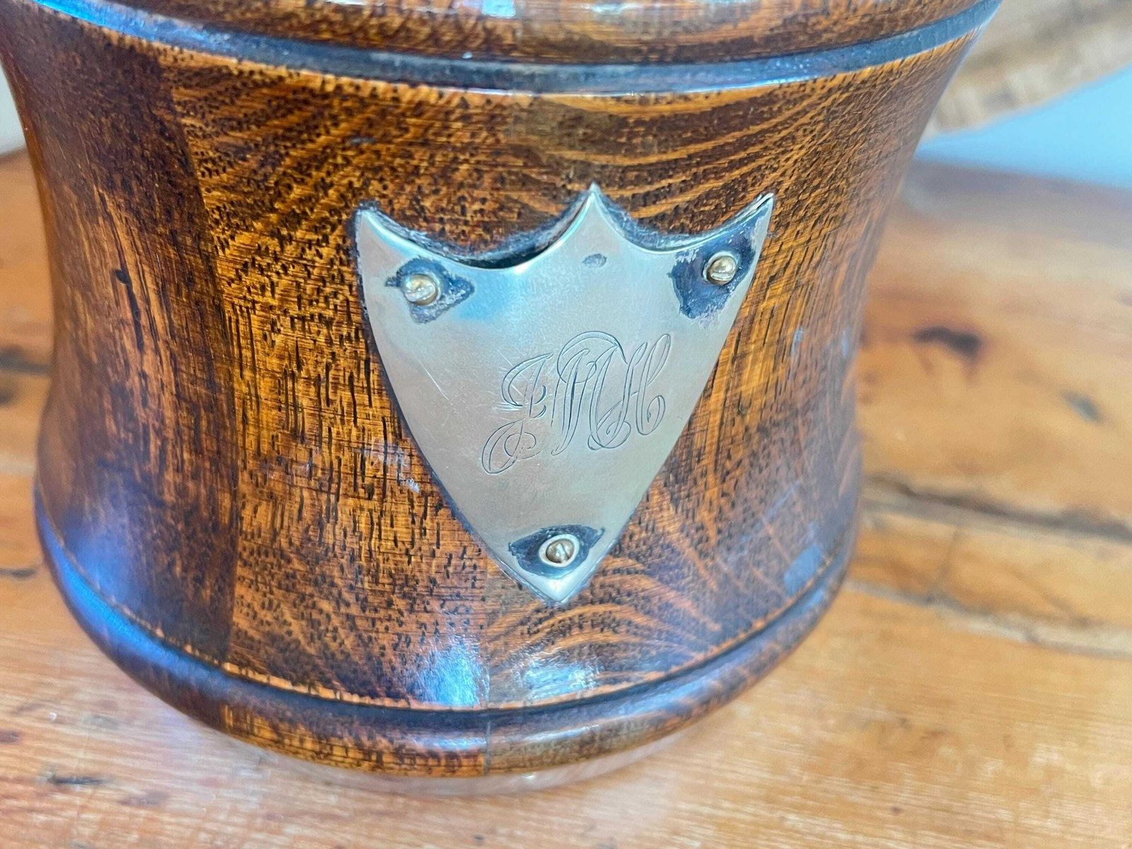 photo buy Rare Waisted Oak & Silver Plate Ice Bucket – Hourglass Biscuit Barrel – Antique English Treen – Monogrammed Silver Shield – Barware Decor