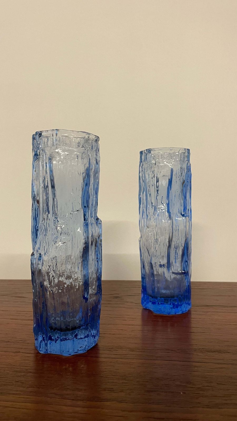 Pair Of Vintage Mid Century Ravenhead Blue Glass Vases – Textured Bark Effect