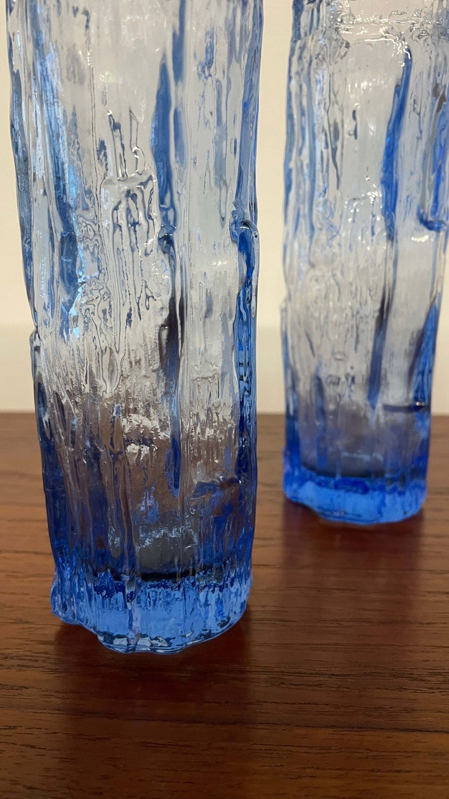 photo furniture Pair Of Vintage Mid Century Ravenhead Blue Glass Vases – Textured Bark Effect