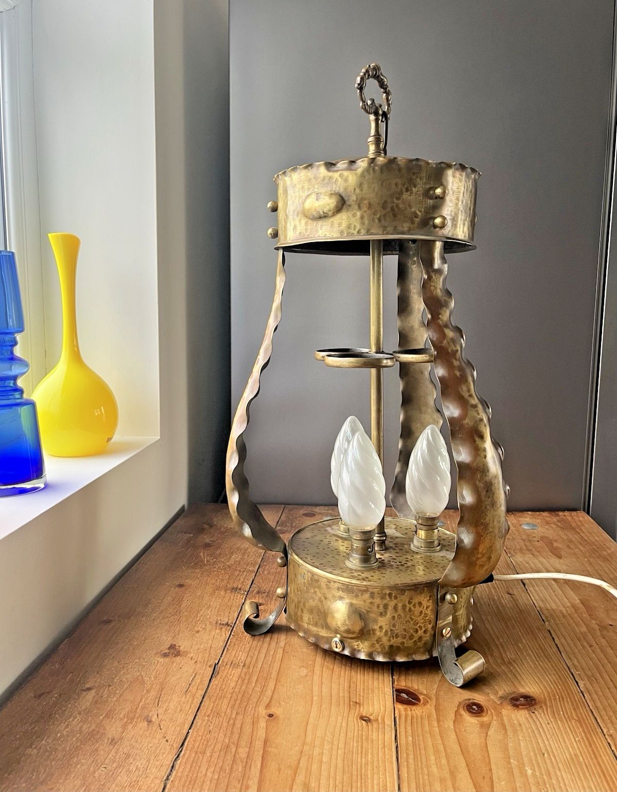 Huge Antique Arts & Crafts / Art Nouveau Brass Ceiling Light Porch Lantern Lamp photo vinterior