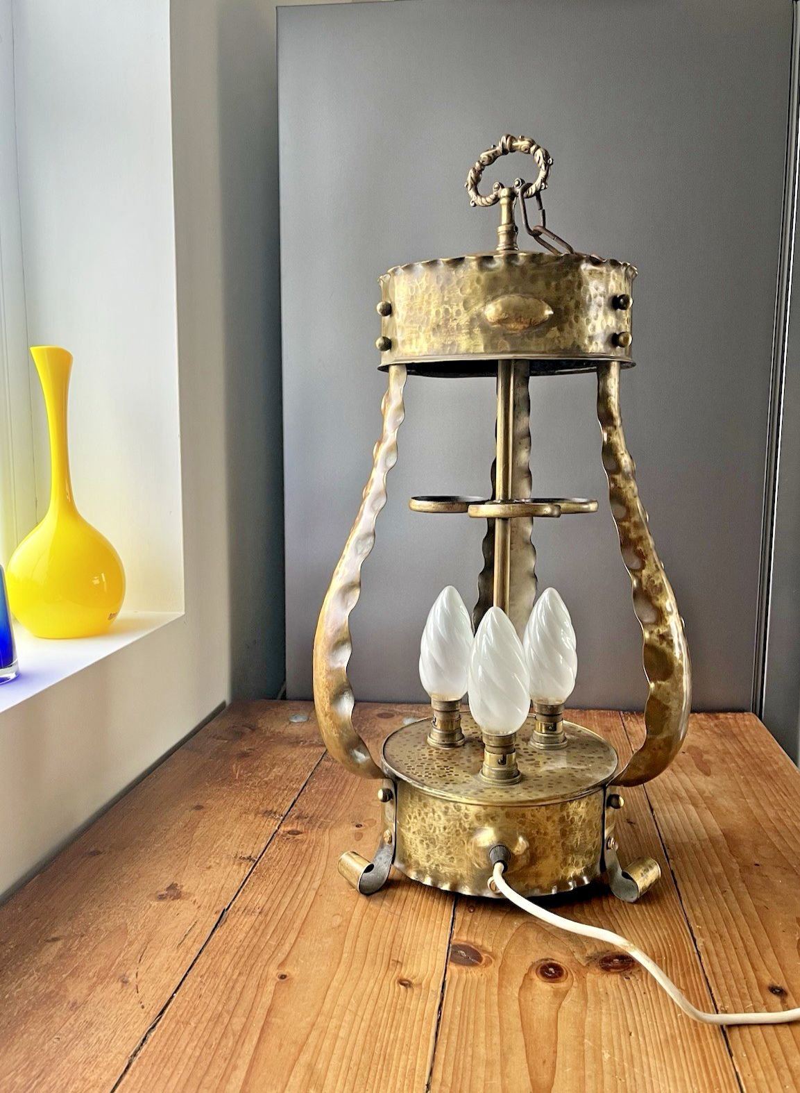 Huge Antique Arts & Crafts / Art Nouveau Brass Ceiling Light Porch Lantern Lamp photo vintage