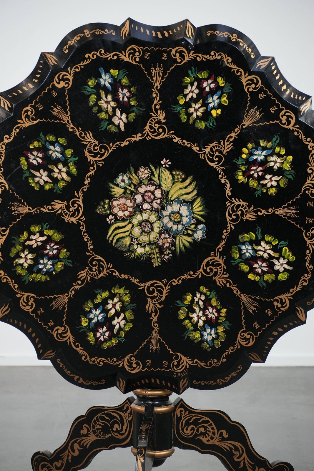 Stunning Antique English Hand Painted Floral Tilt Top Table From The Late 19th Century. photo for sale