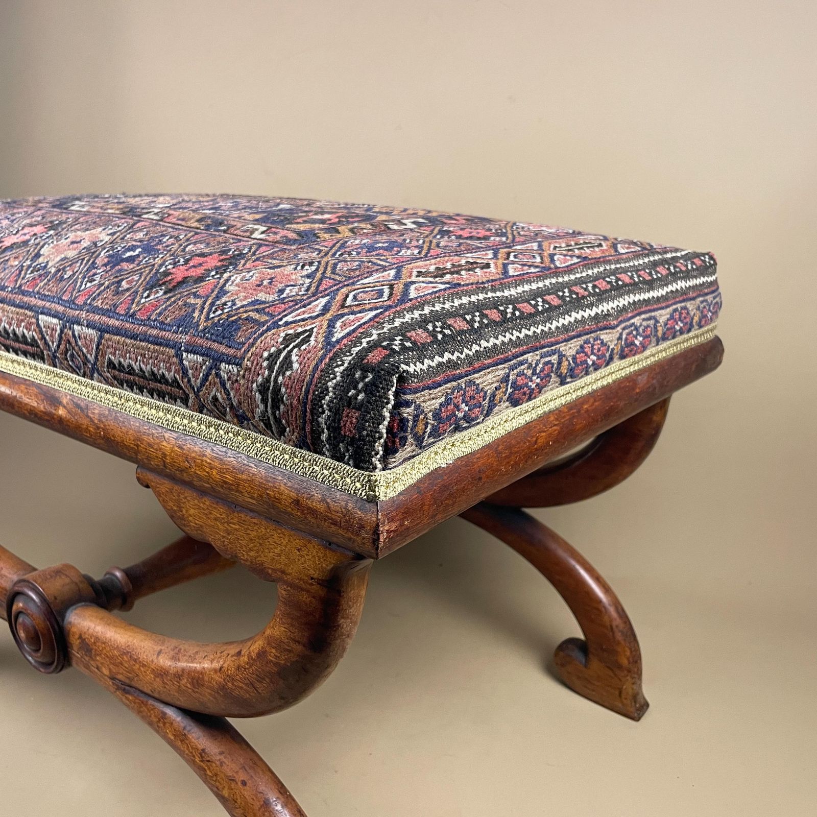 Antique Hallway Bench X Frame Curule Stool Upholstered Carpet Top Seat Wooden Legs Cottage Farmhouse Furniture Regency Savonarola Style photo buy