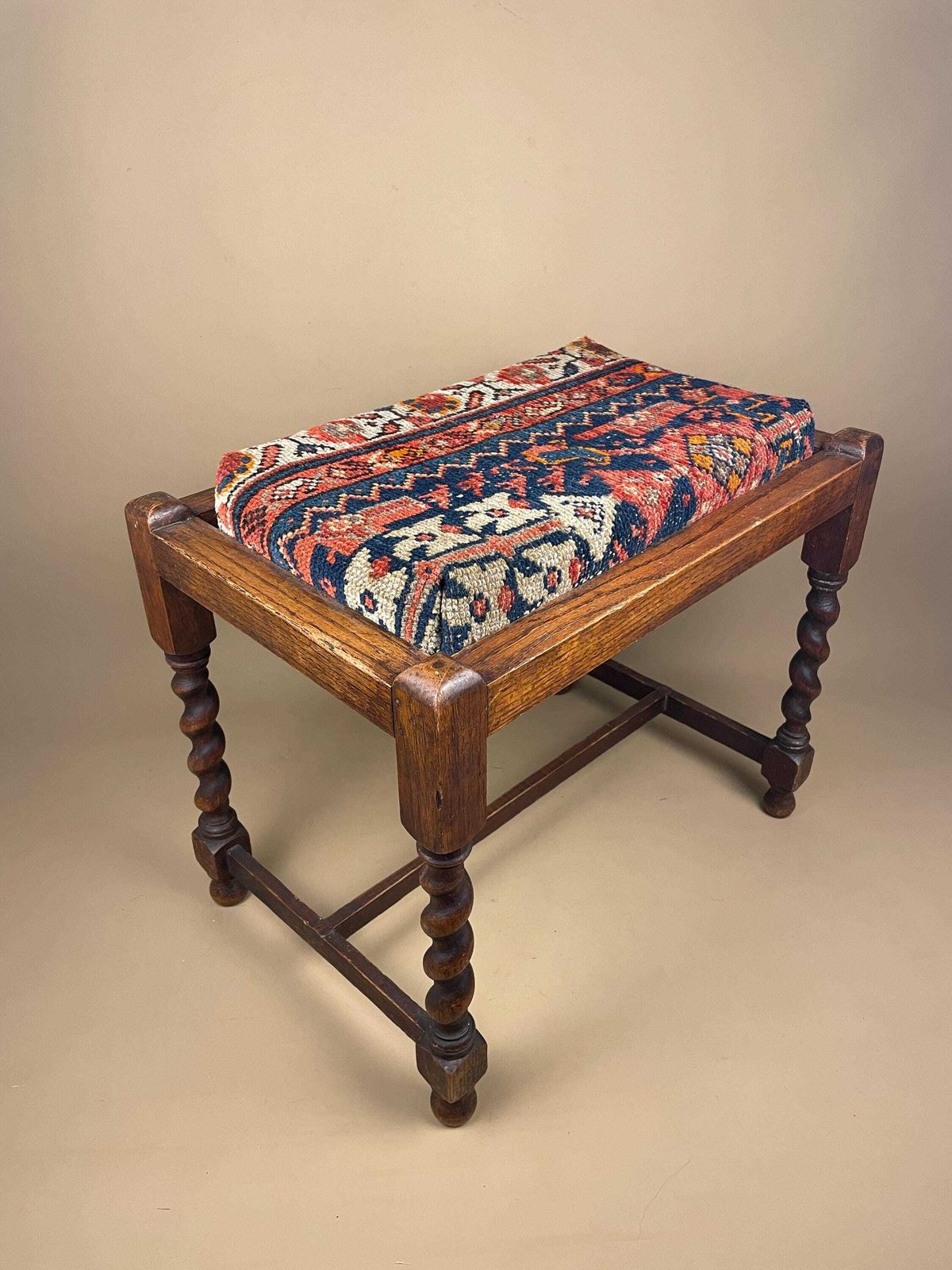 photo buy Antique Hallway Footstool Bench Upholstered Carpet Rug Top Stool Seat Twisted Wooden Legs Cottage Farmhouse Furniture Foot Stool