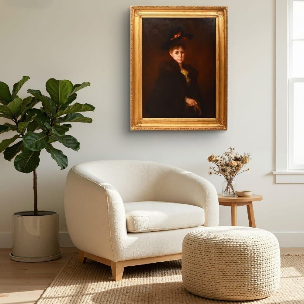 Antique Woman Portrait Painting, Elegant Female, Oil On Canvas, XIX Century. photo furniture
