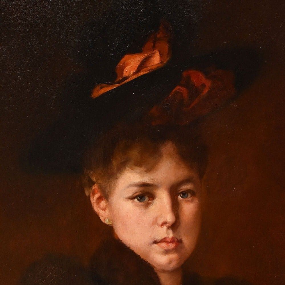 Antique Woman Portrait Painting, Elegant Female, Oil On Canvas, XIX Century. photo Art