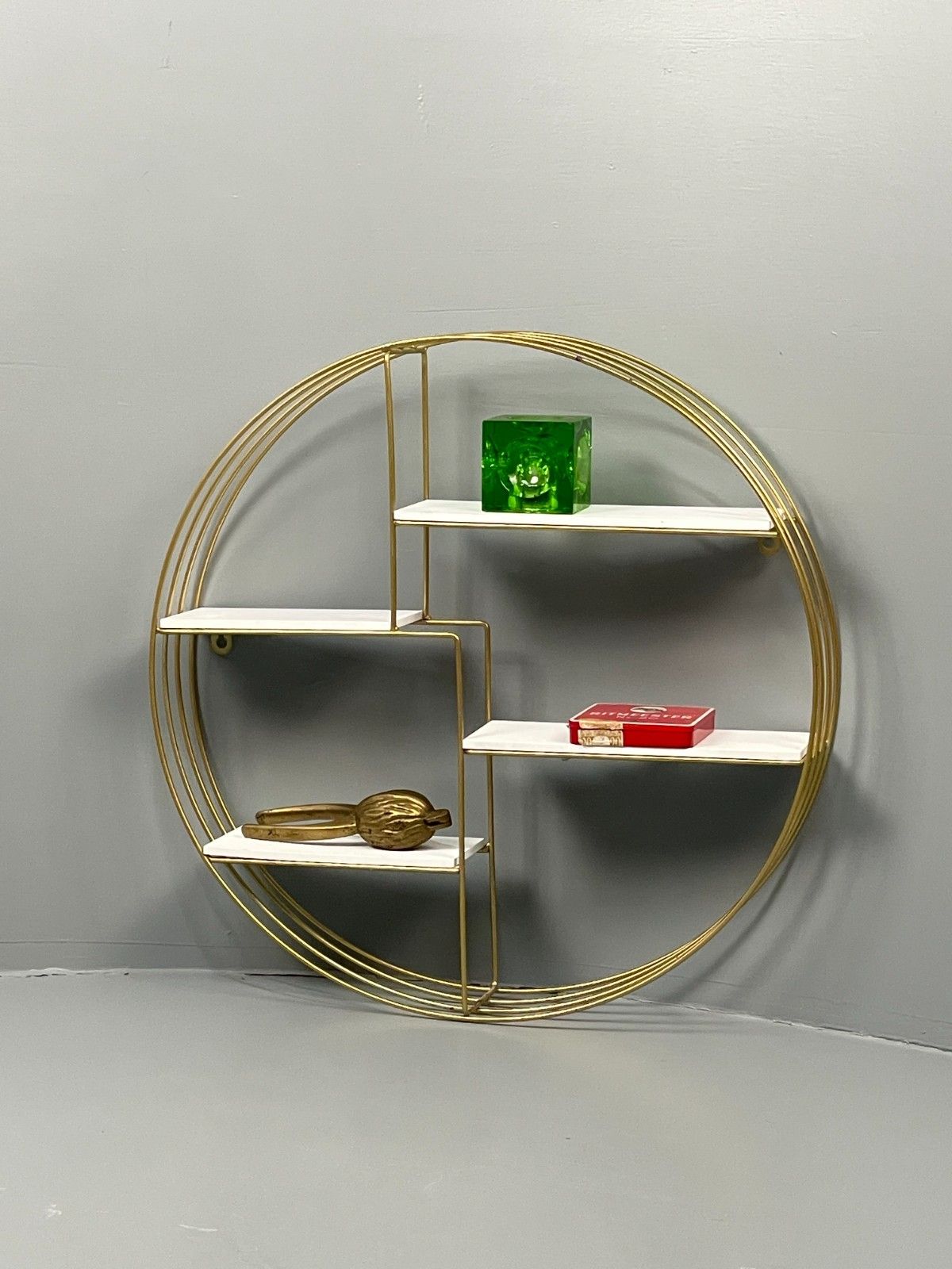 Vintage 1960s Round Shelving Wall Mounted Gold & White Wire Framed Eb11491 Mwoo photo furniture