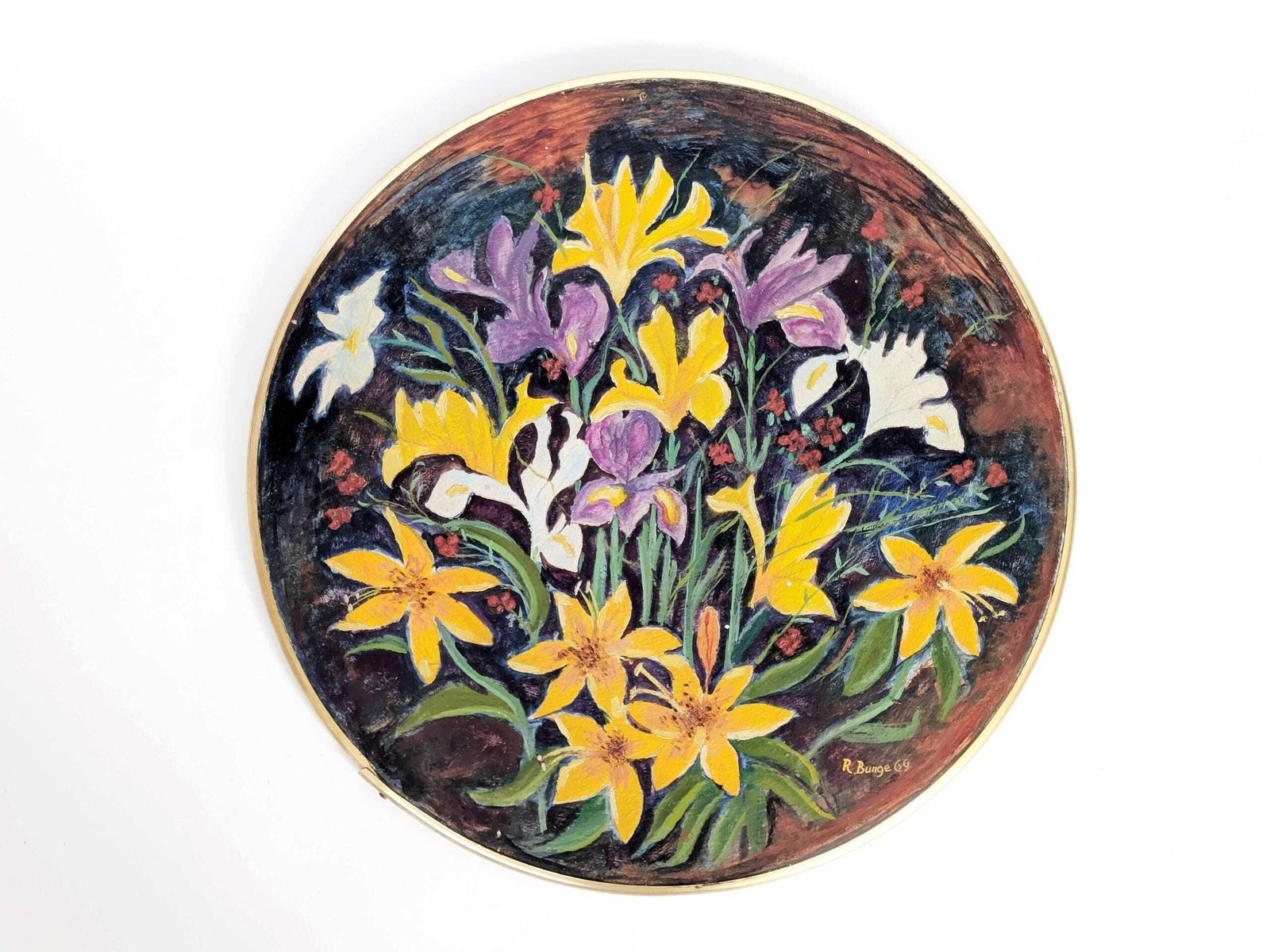 Midcentury Round Floral Oil Painting On Board, Brass Rim, Spring Bouquet, Signed 1969