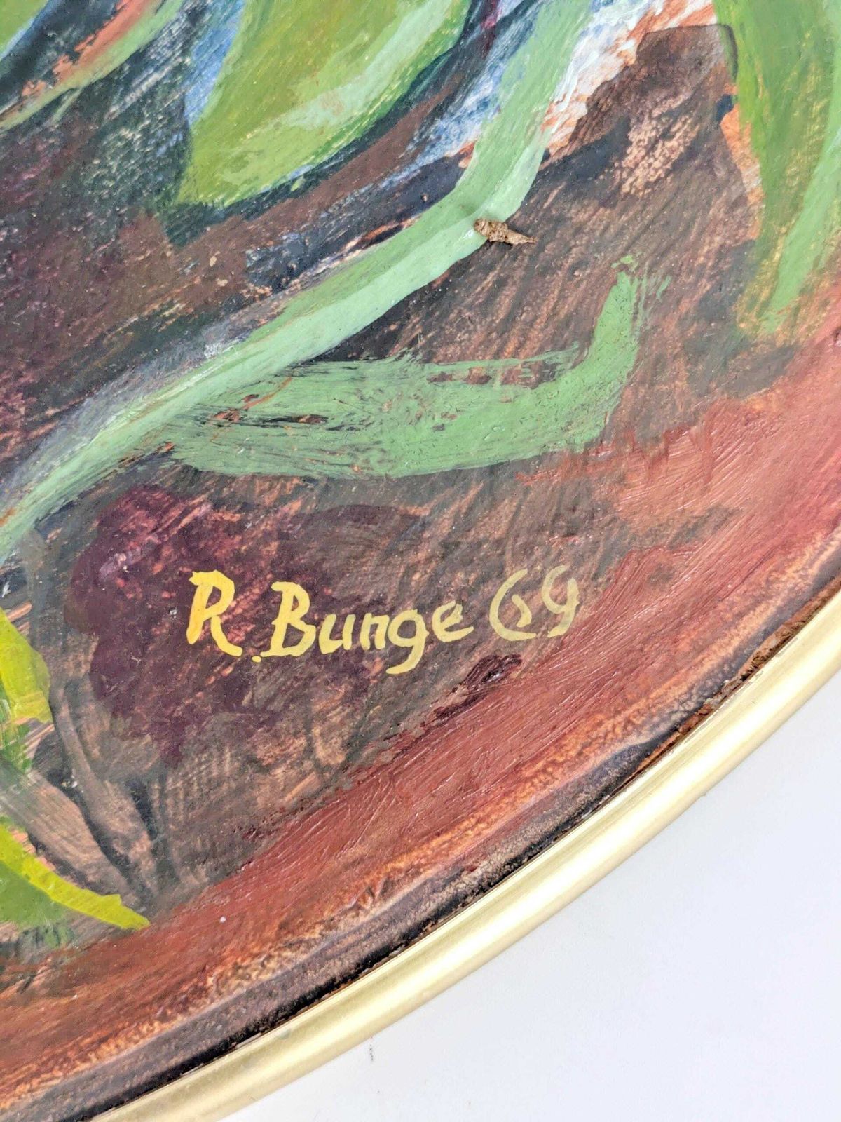 Midcentury Round Floral Oil Painting On Board, Brass Rim, Spring Bouquet, Signed 1969 photo Art