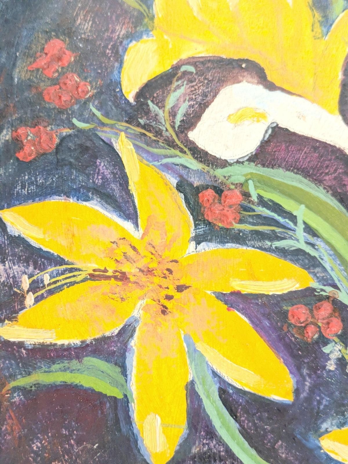 Midcentury Round Floral Oil Painting On Board, Brass Rim, Spring Bouquet, Signed 1969 photo buy