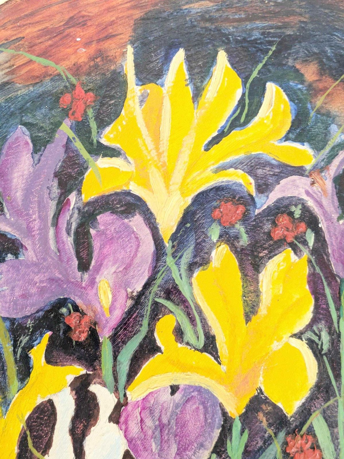Art Midcentury Round Floral Oil Painting On Board, Brass Rim, Spring Bouquet, Signed 1969 photo