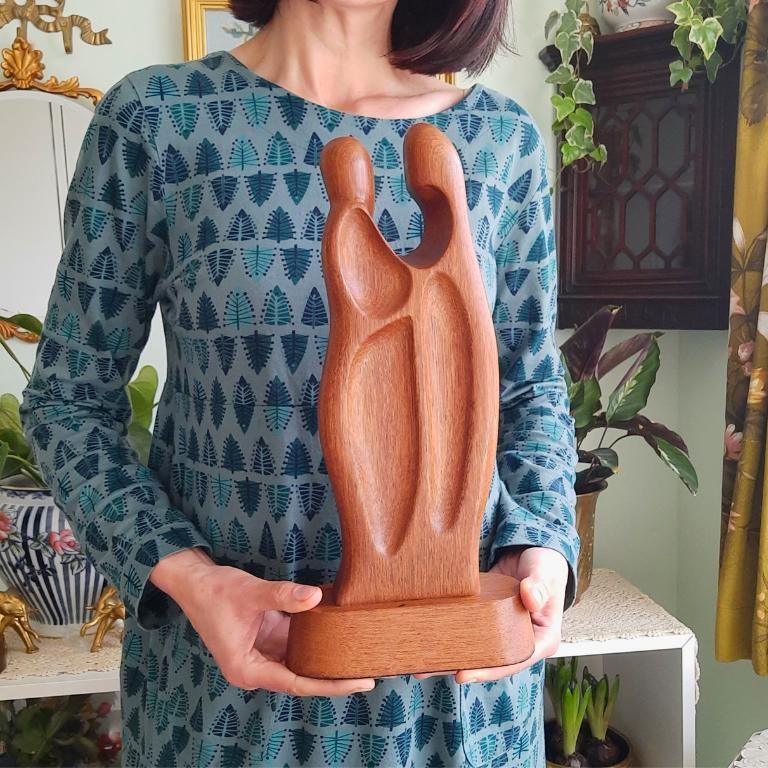 Tall Mcm Teak Wood Sculpture Of A Couple Embracing Each Other 15.5'' photo furniture