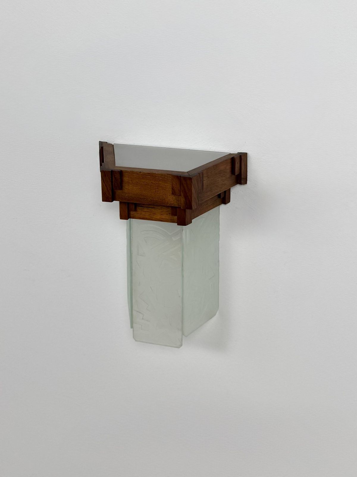 Vintage Modernist Art Deco Wall Sconce Oak And Frosted Glass France 1930 photo buy