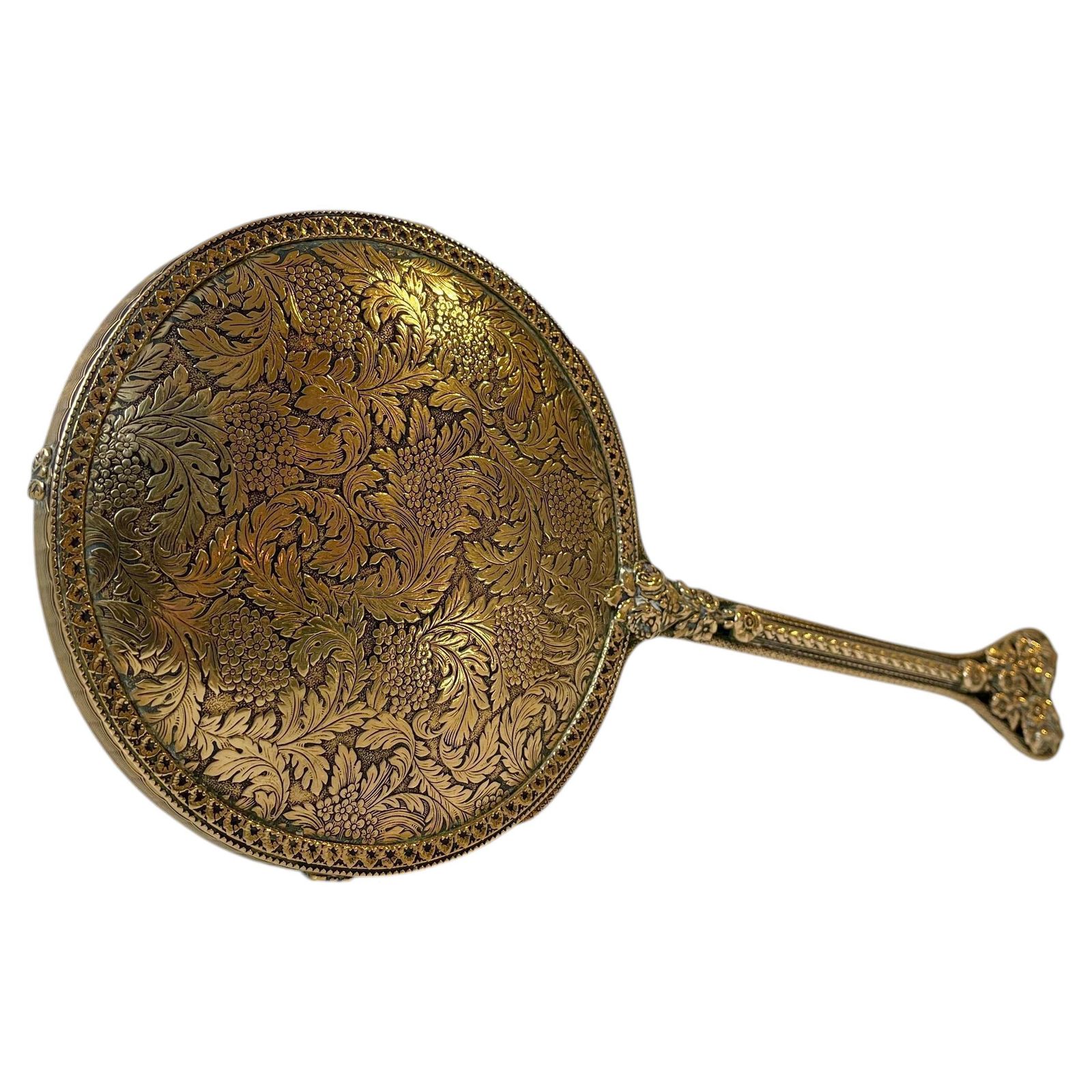 Antique French Hand Mirror In Etched & Reticulated Bronze