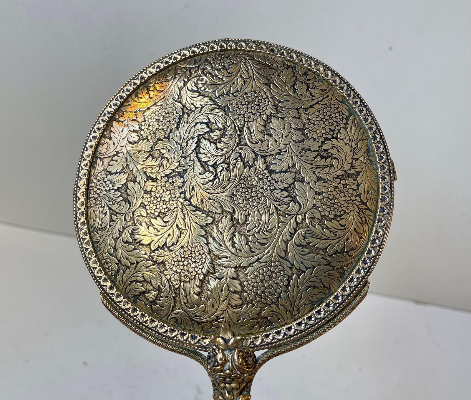 Antique French Hand Mirror In Etched & Reticulated Bronze photo furniture