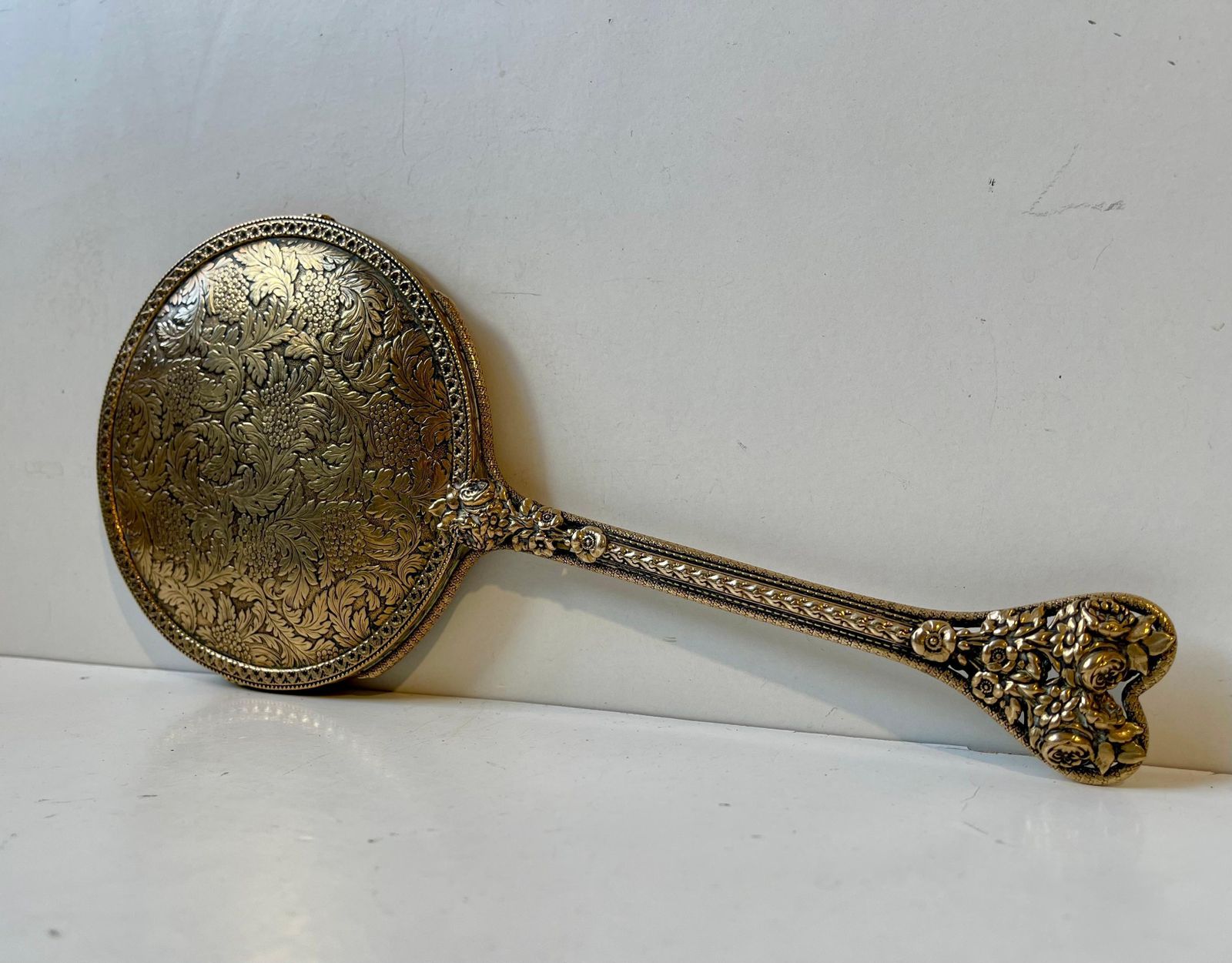 Antique French Hand Mirror In Etched & Reticulated Bronze photo Home Decor