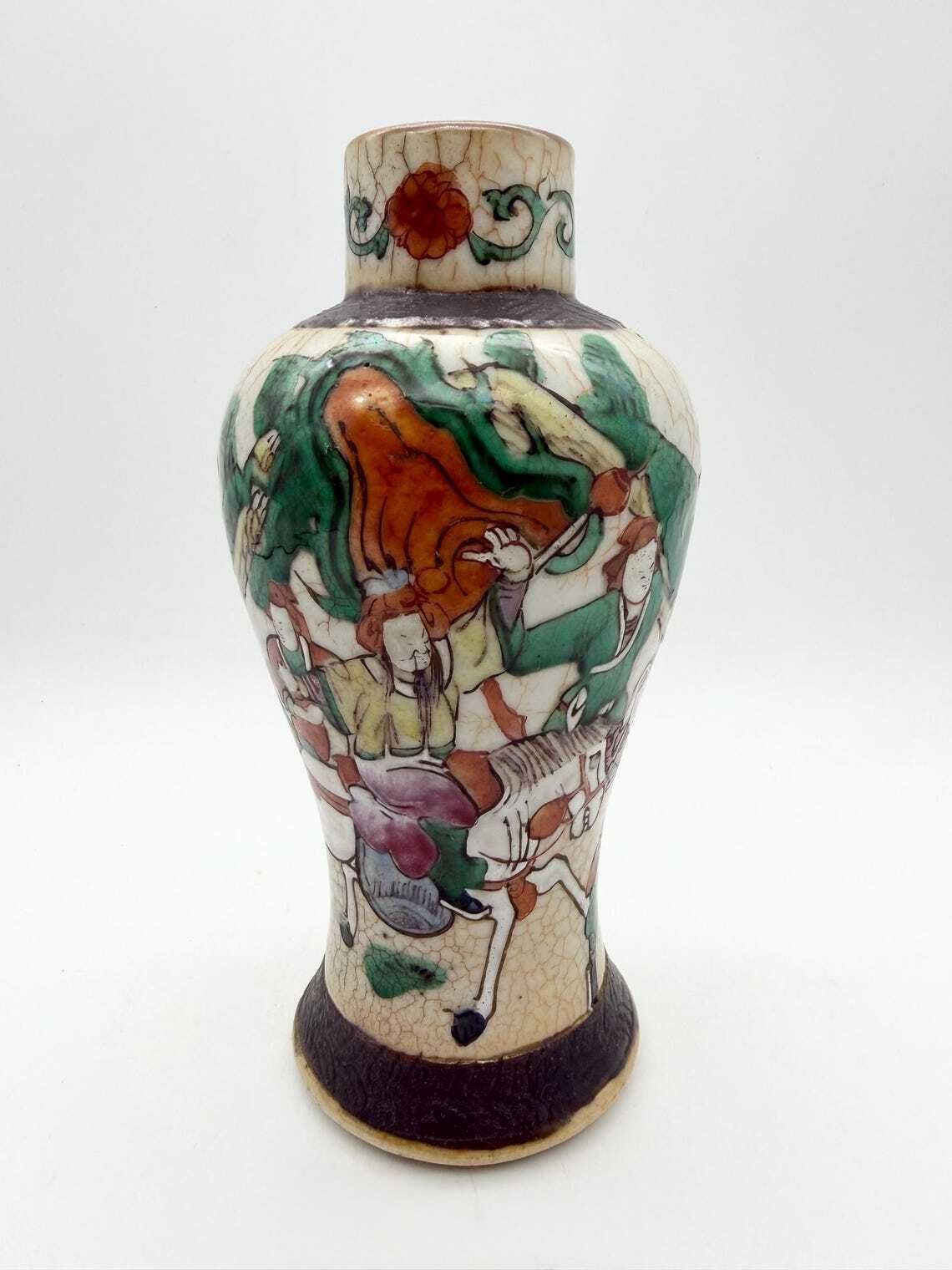 Antique Chinese Crackle Vase, Battle Scene Canton Style Vase Circa 1890 photo Home Decor