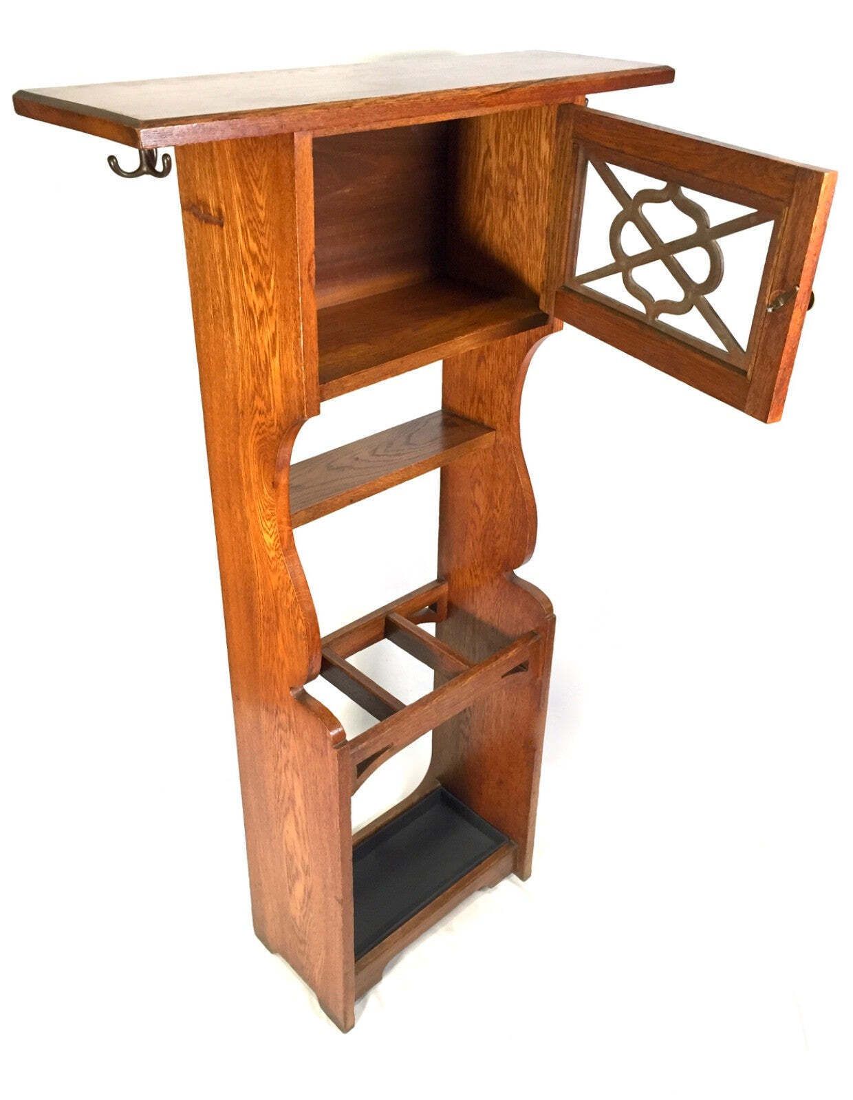 Antique Arts & Crafts Oak Wooden Entrance Hall Coat Stand / Umbrella Rack C.1900 photo vintage