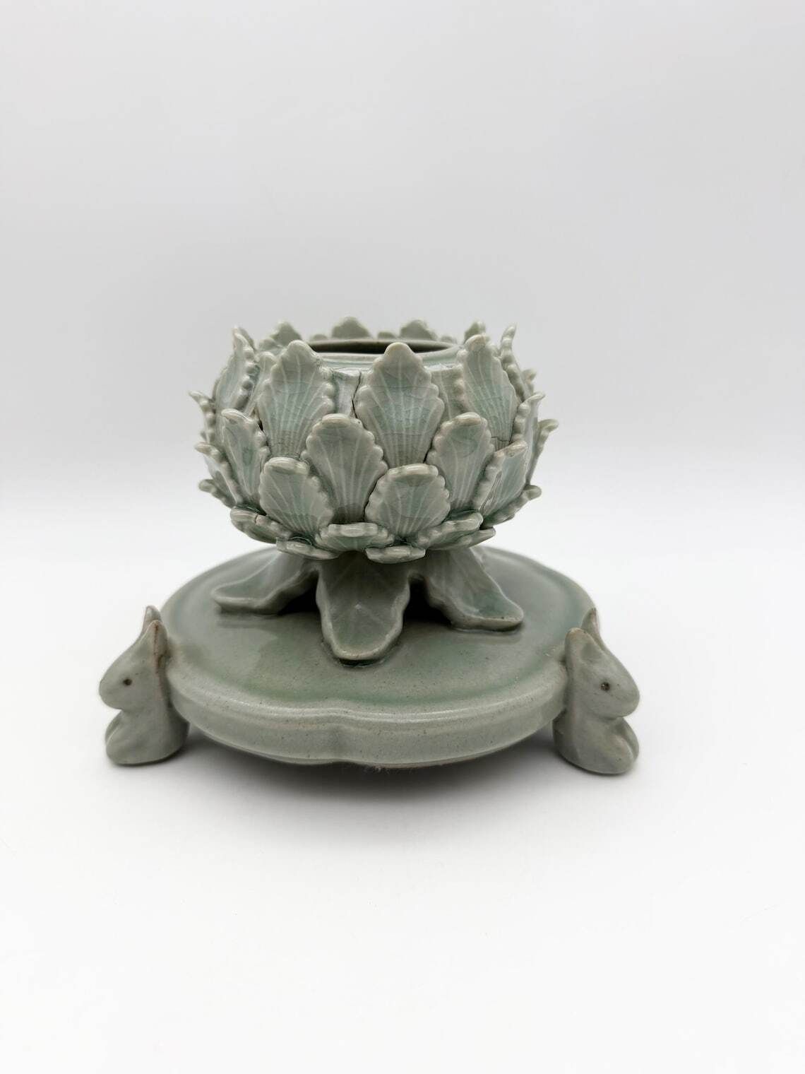 Celadon Green Lotus & Rabbit Incense Burner, Korean Pottery Incense Holder photo furniture
