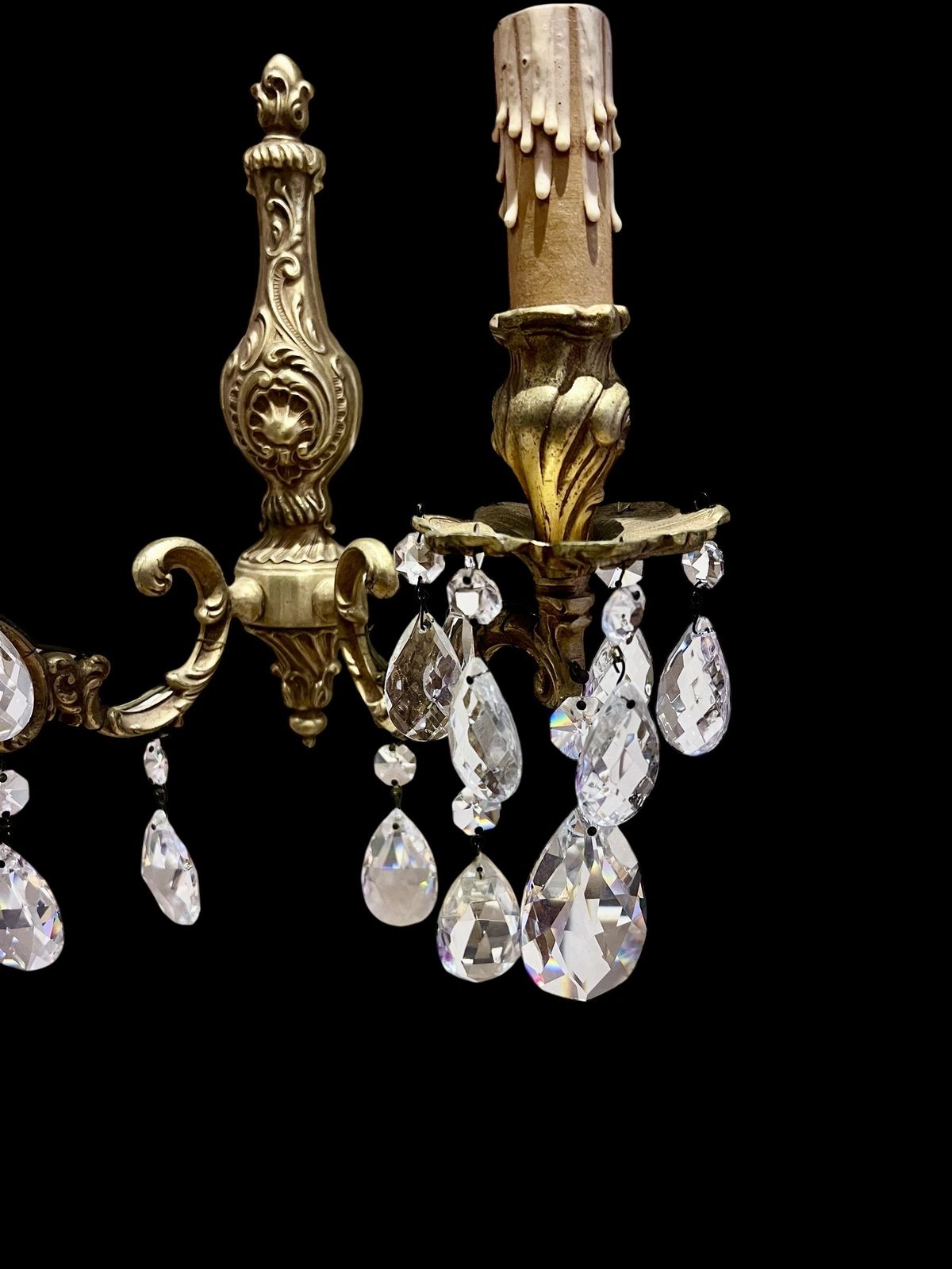 A Pair Of Two Light French Gilt Brass And Crystal Antique Wall Lights photo Lighting