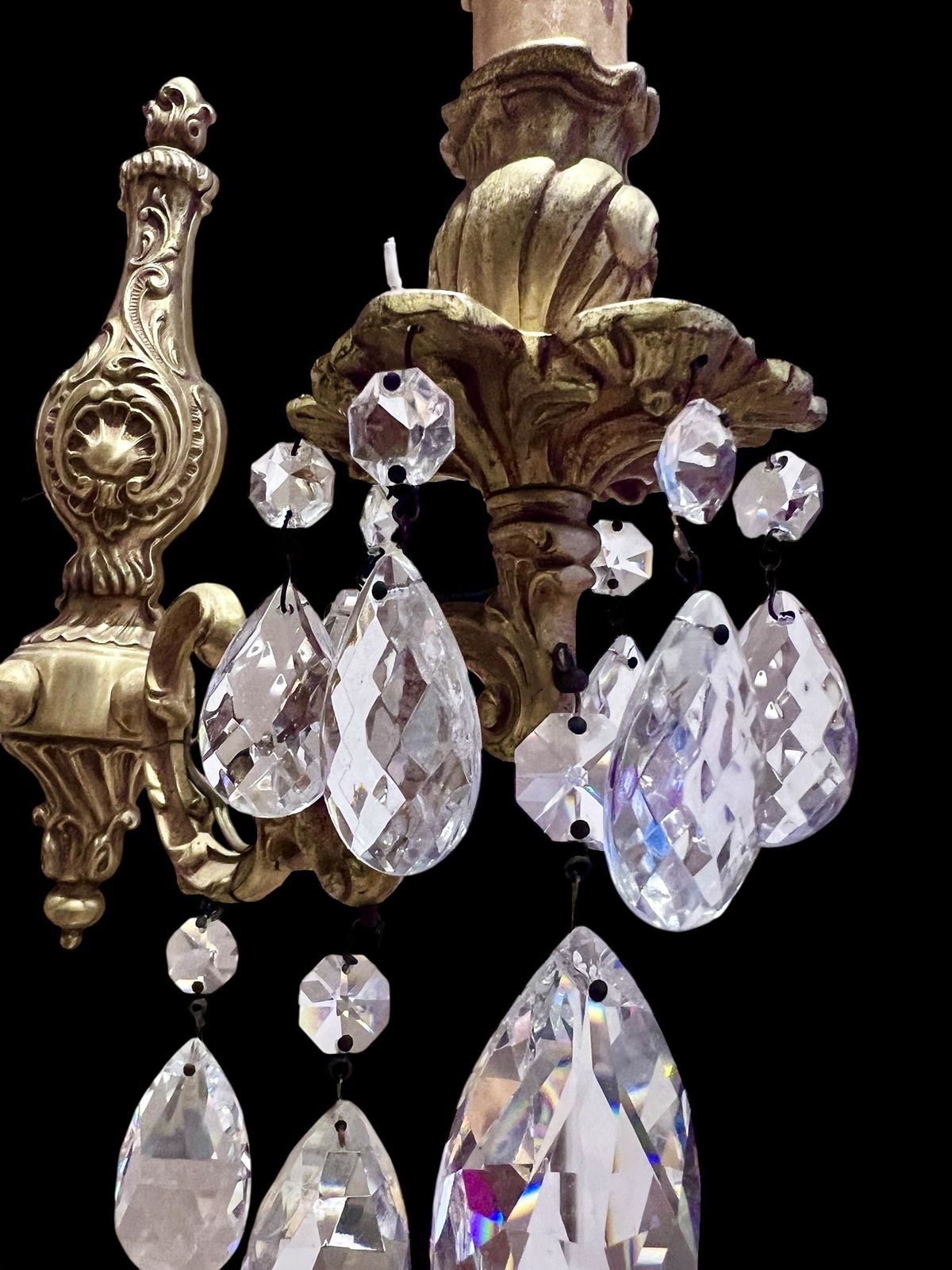 A Pair Of Two Light French Gilt Brass And Crystal Antique Wall Lights photo 650.0