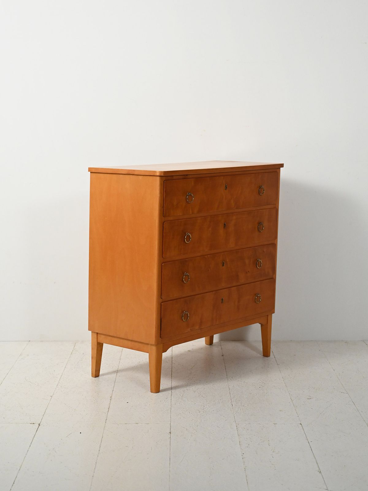 Scandinavian 1950s Birch Chest Of Drawers With Brass Handles photo for sale