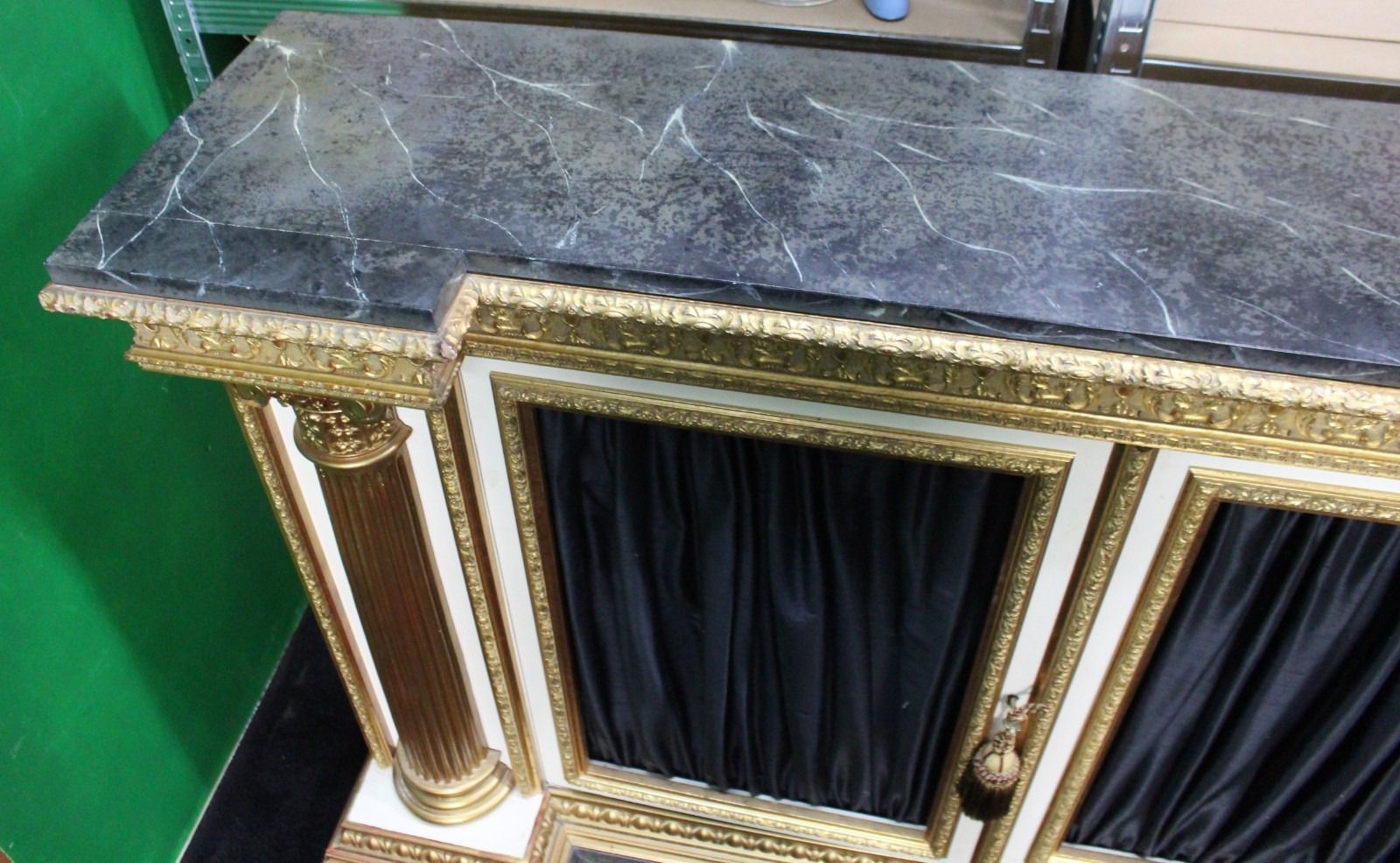 Large Neoclassical Style Gilt And Painted Credenza With Simulated Marble Top photo for sale