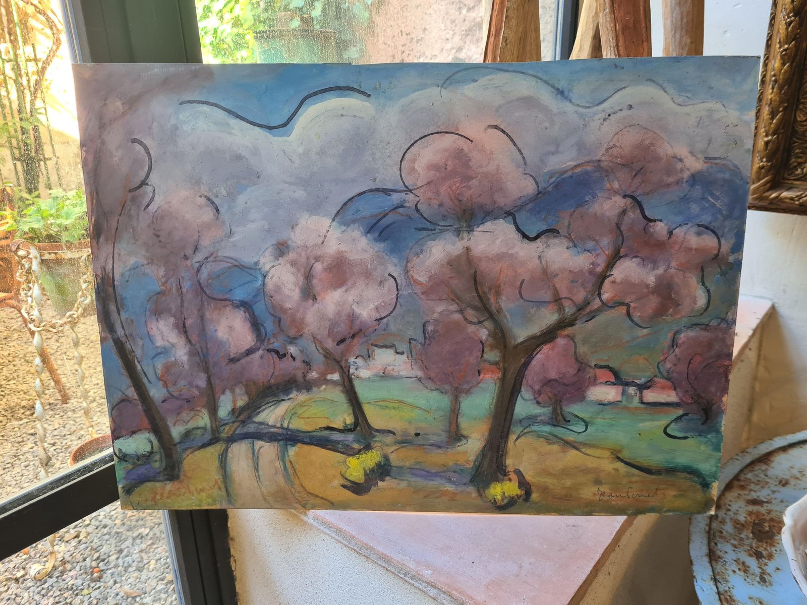 photo furniture Jean Perretcherry Blossom, Fauvist Landscape Painting, Signed Gouache On Card, Mid Century
